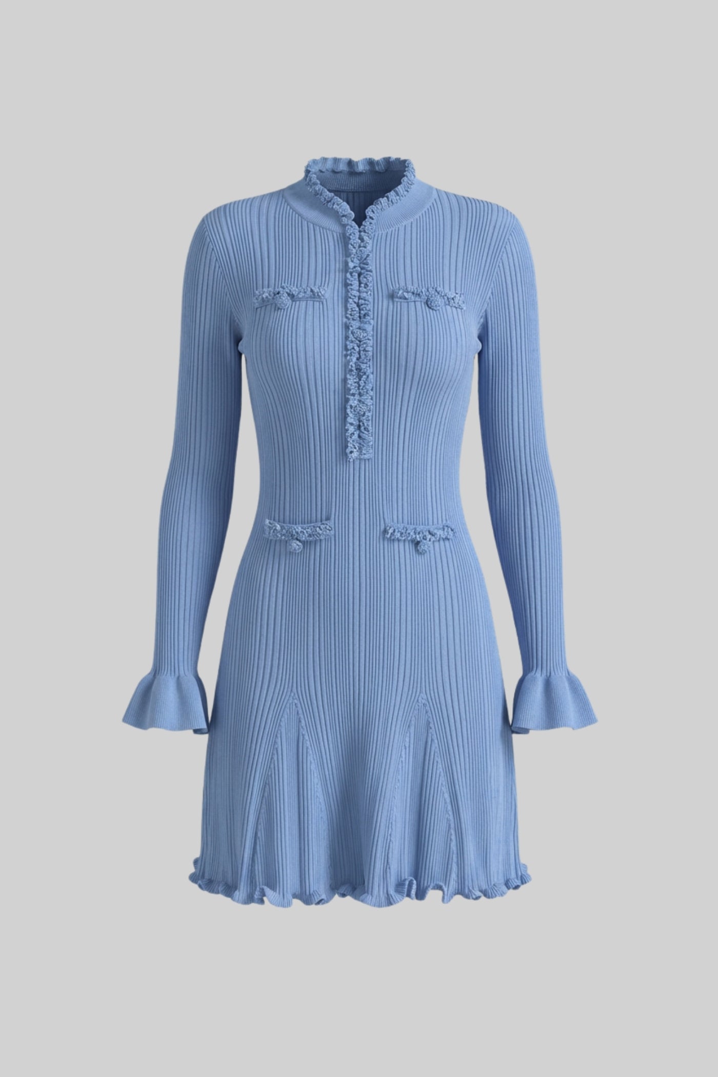 Rochie mini din tricot nervurat cu detalii de margelute - Blue 