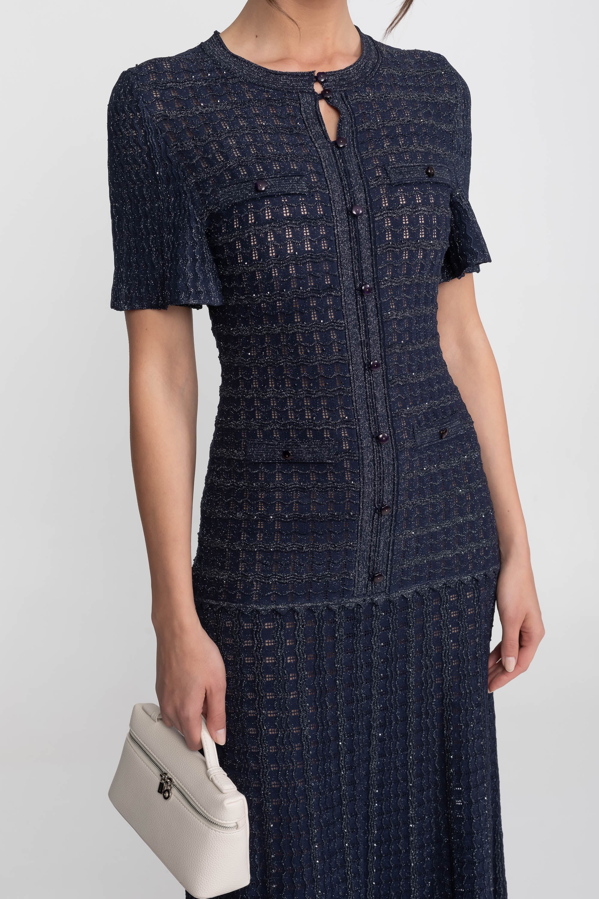 Rochie midi cu mâneci scurte, textură tricotată cu sclipiri - Navy 