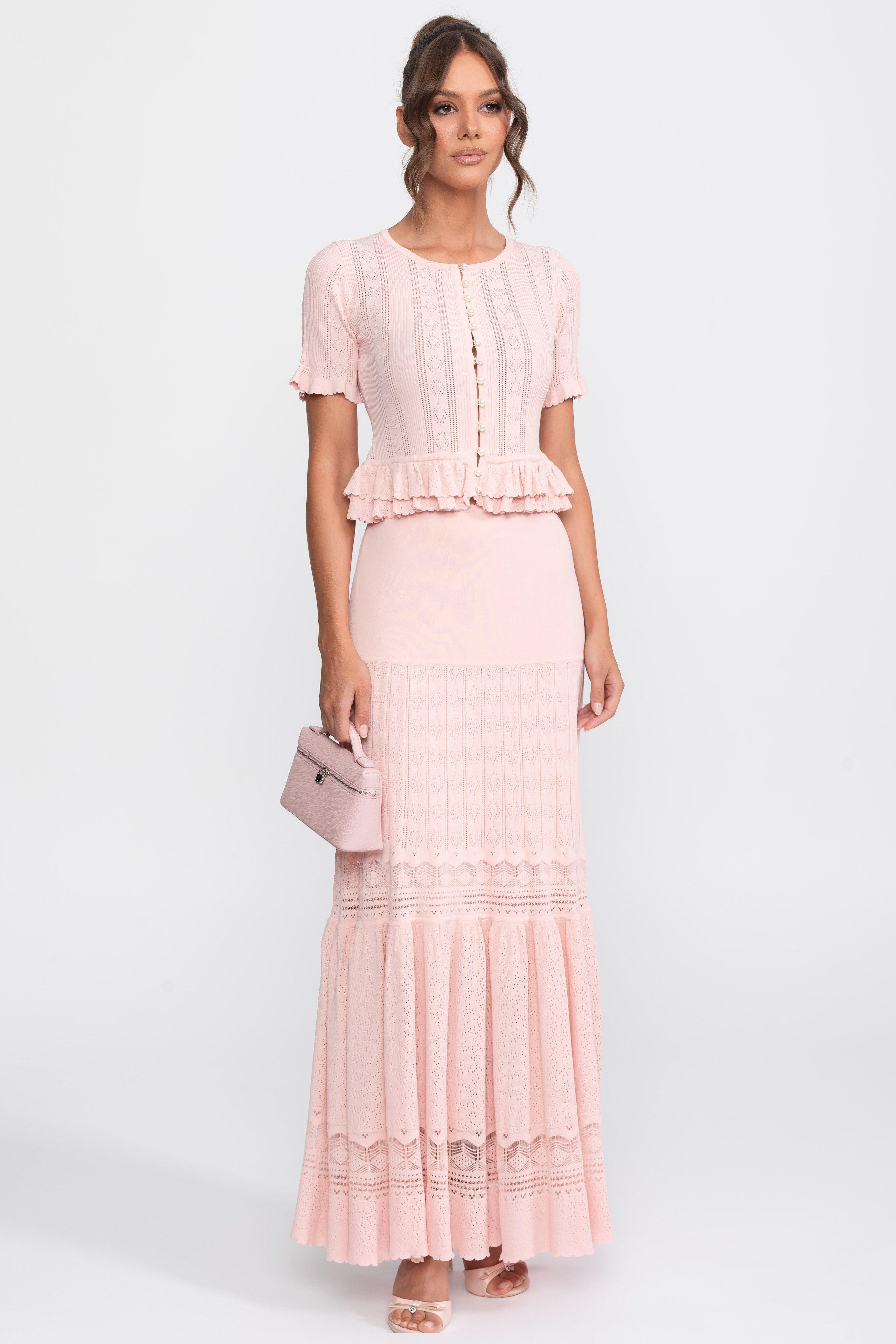 Two-Piece Knit Co-Ord Set With Ruffled Waist - Pink