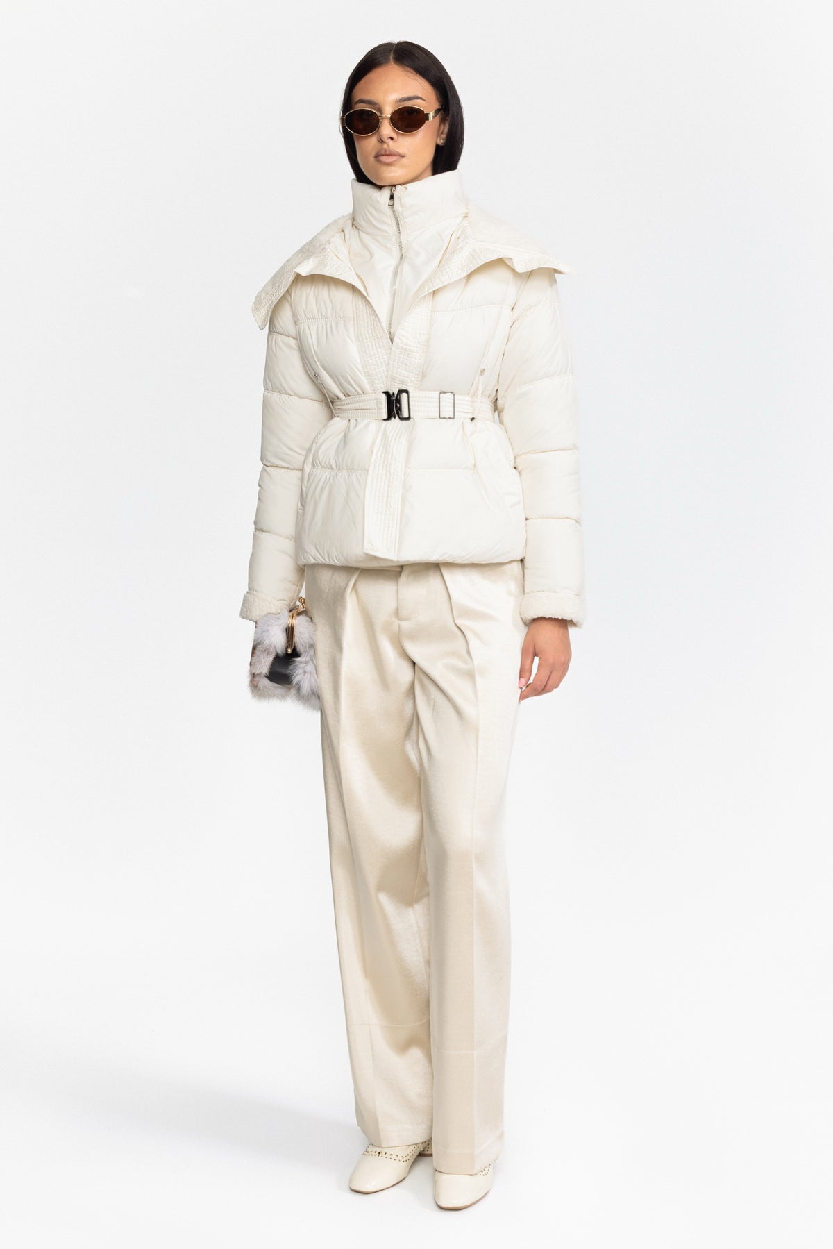 Belted Puffer Jacket with Teddy Collar - Ivoire