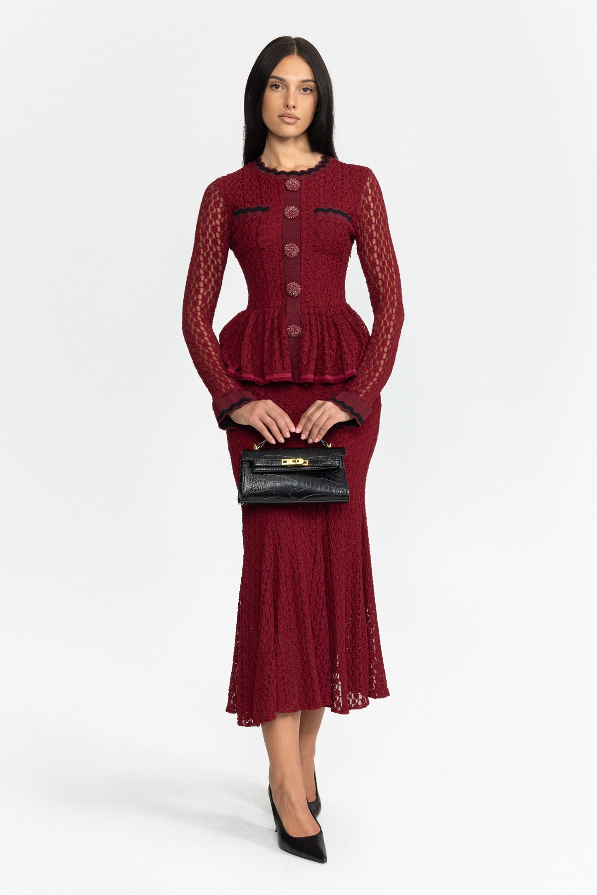 Crochet Knit Peplum Midi Dress with Ric-Rac Trim - Wine