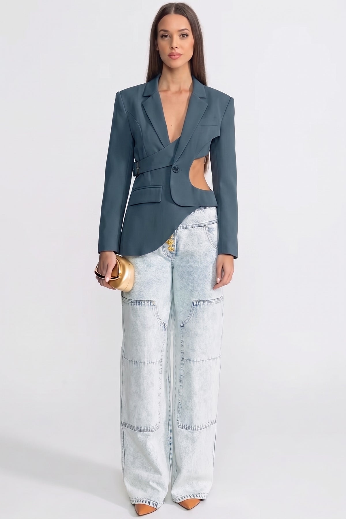 Asymmetric Cut-Out Blazer with Belt Detail - Teal