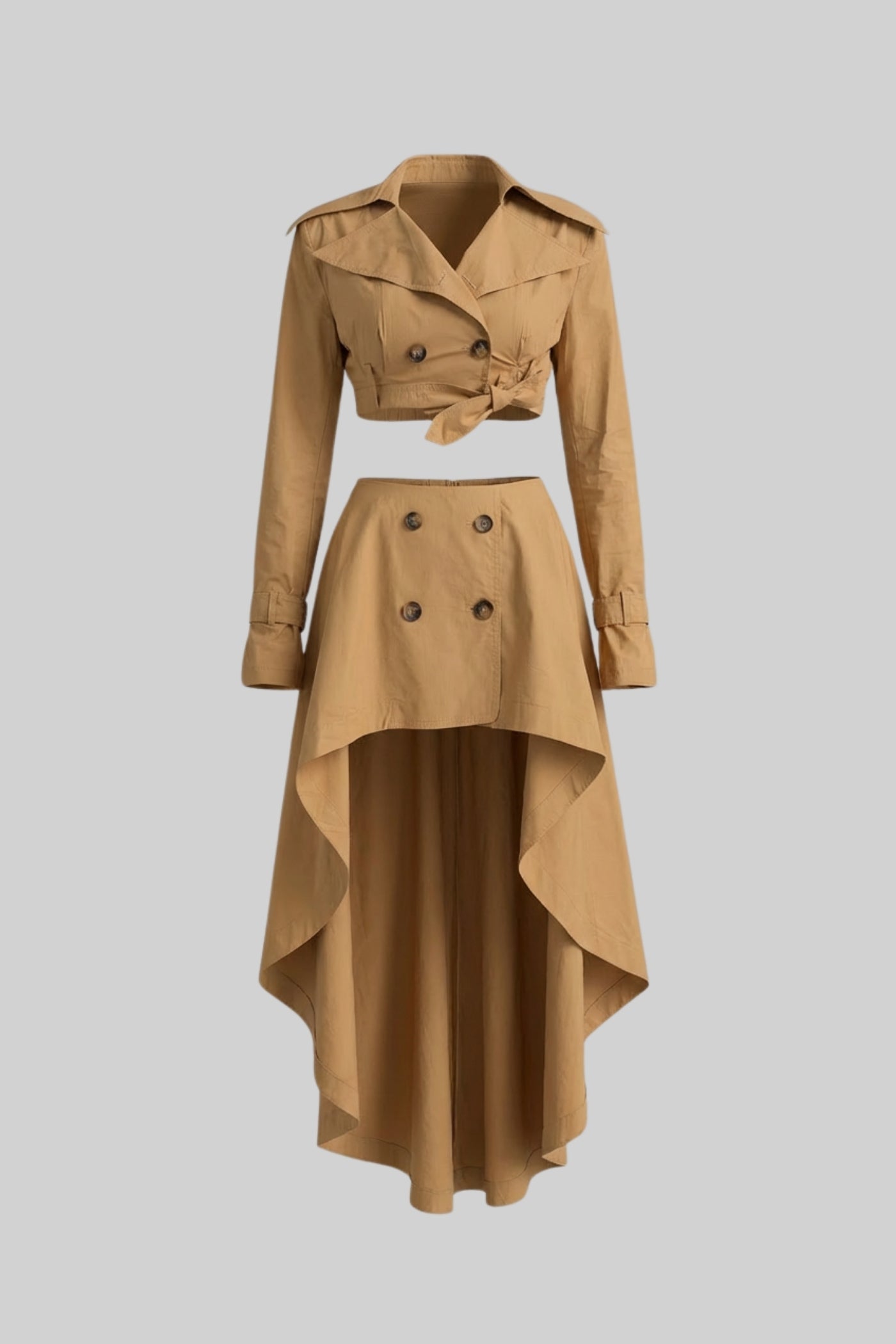 Set coordonat cu trench cropped și fustă asimetrică high-low - Camel 