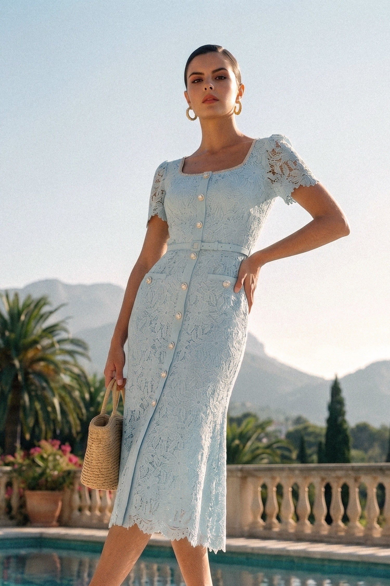 Rochie Midi Delicată din Dantelă Azure - Baby Blue 