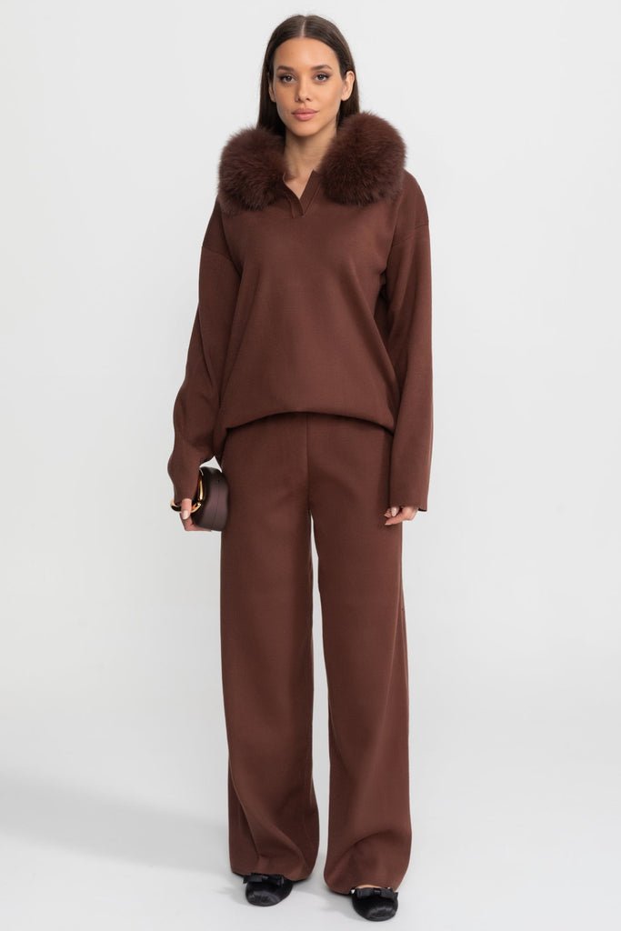 Knit Lounge Co-Ord Set with Fox Fur Collar – Brown