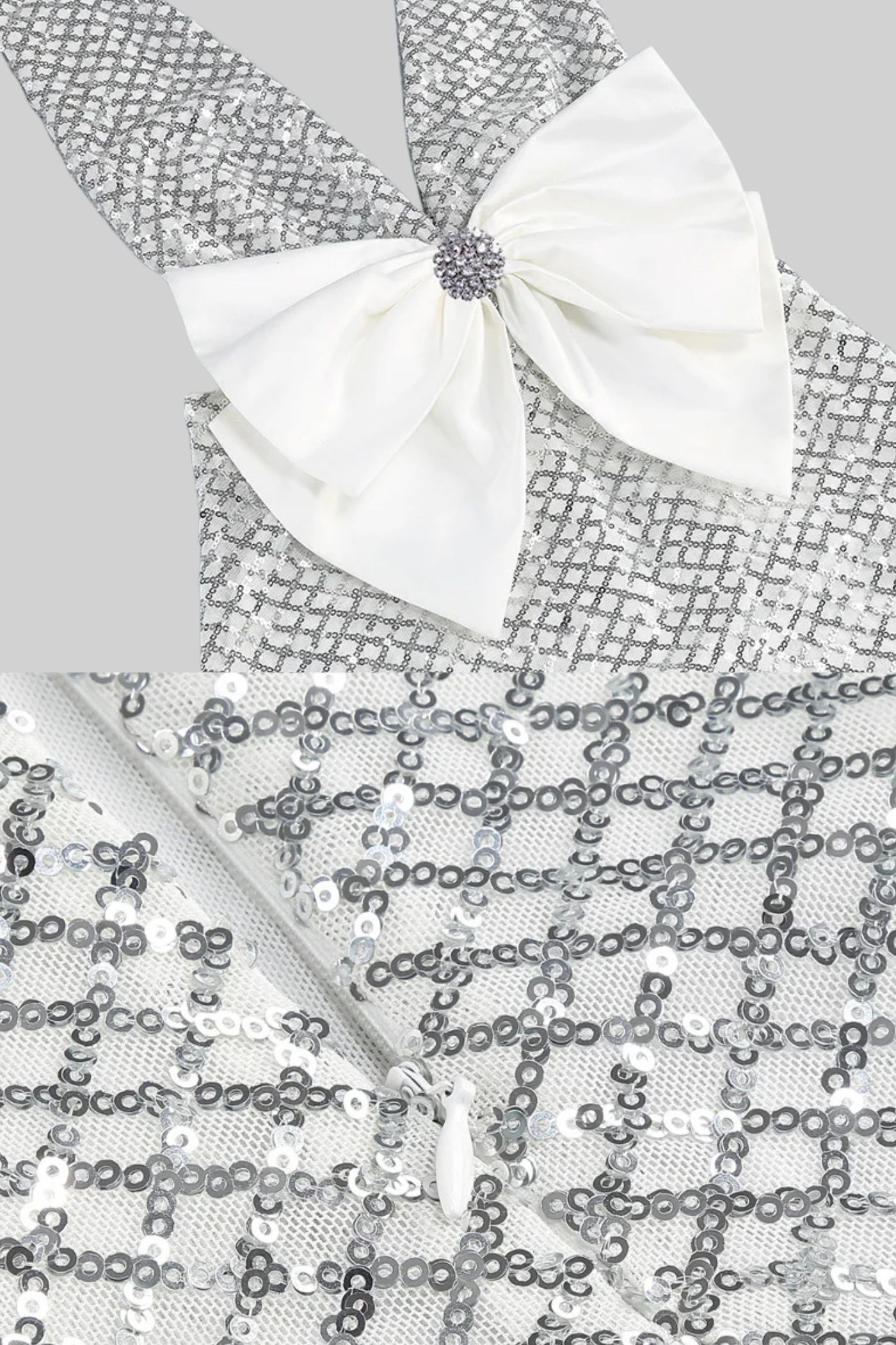 Rochie Maxi cu Paiete și Detaliu cu Fundă din Satin - Gri Deschis 