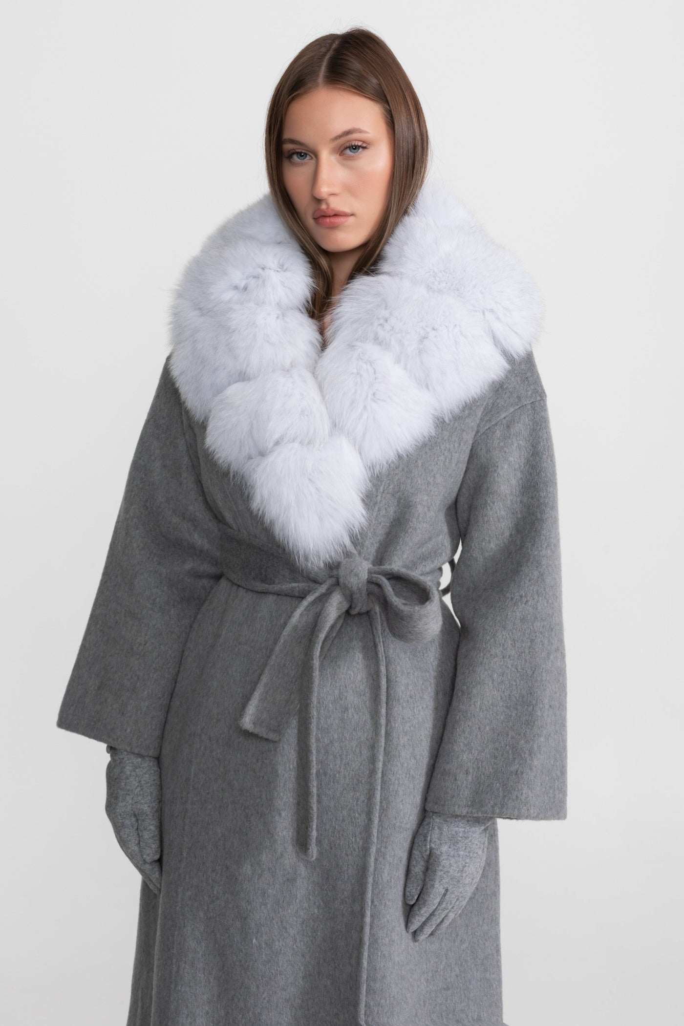 Wool Wrap Coat with Fox Fur Collar And Tie Belt – Gray