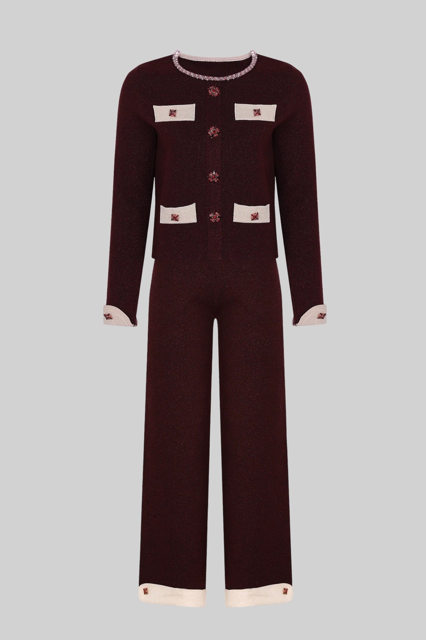 Set de tricot cu mâneci lungi, cu garnitură contrastantă și embellismente sclipitoare - Burgundy 