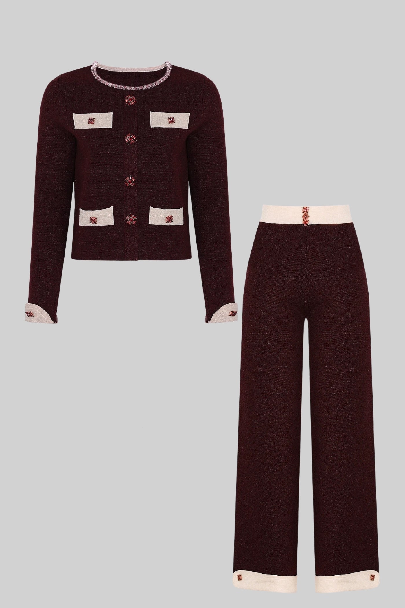 Set de tricot cu mâneci lungi, cu garnitură contrastantă și embellismente sclipitoare - Burgundy 