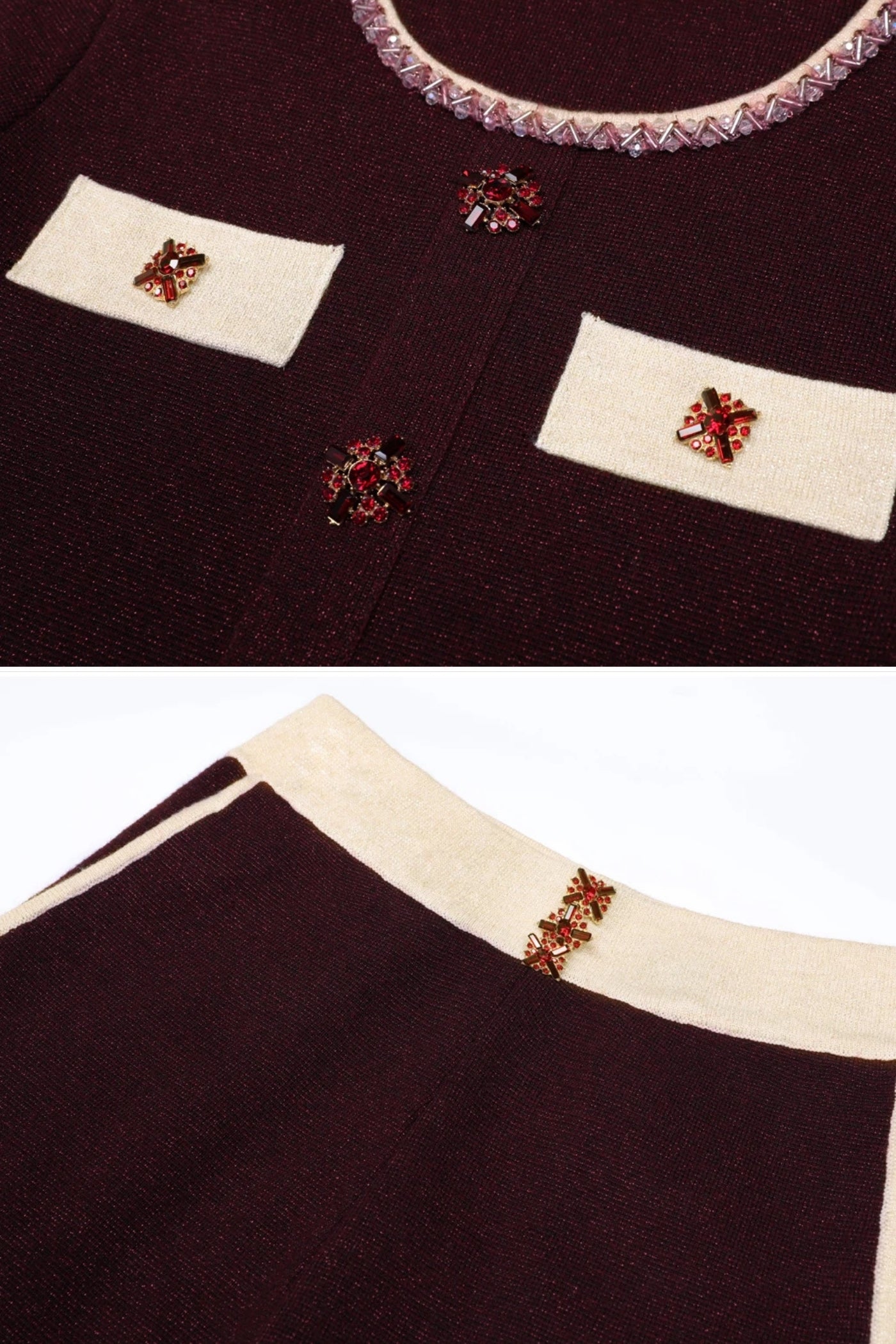 Set de tricot cu mâneci lungi, cu garnitură contrastantă și embellismente sclipitoare - Burgundy 