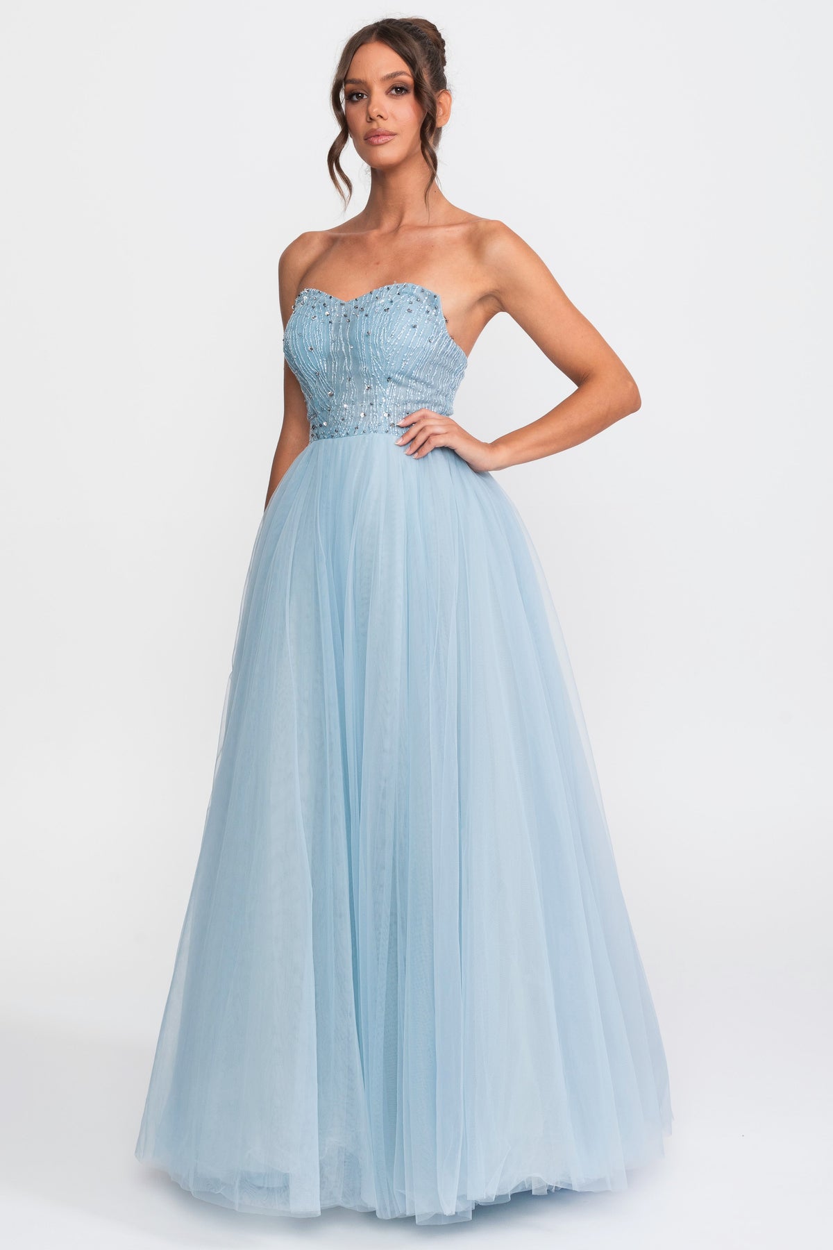 Rochie de bal din tul, fără bretele, cu aplicații din paiete - Light Blue 