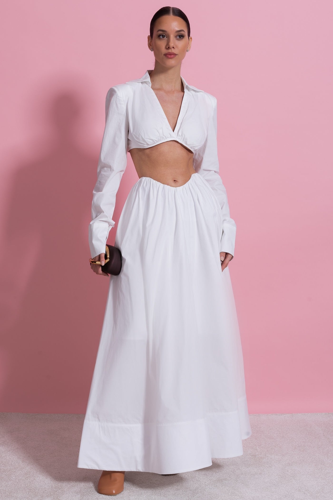 Long Sleeve Co-Ord Set With Cropped Underbust Top - White