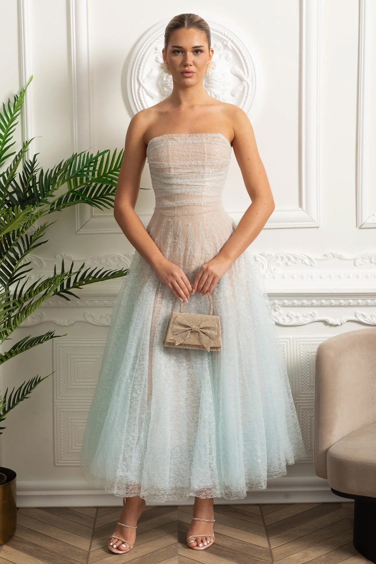 Strapless A-Line Midi Dress With Shimmery Textured Overlay - Turquoise Gradient