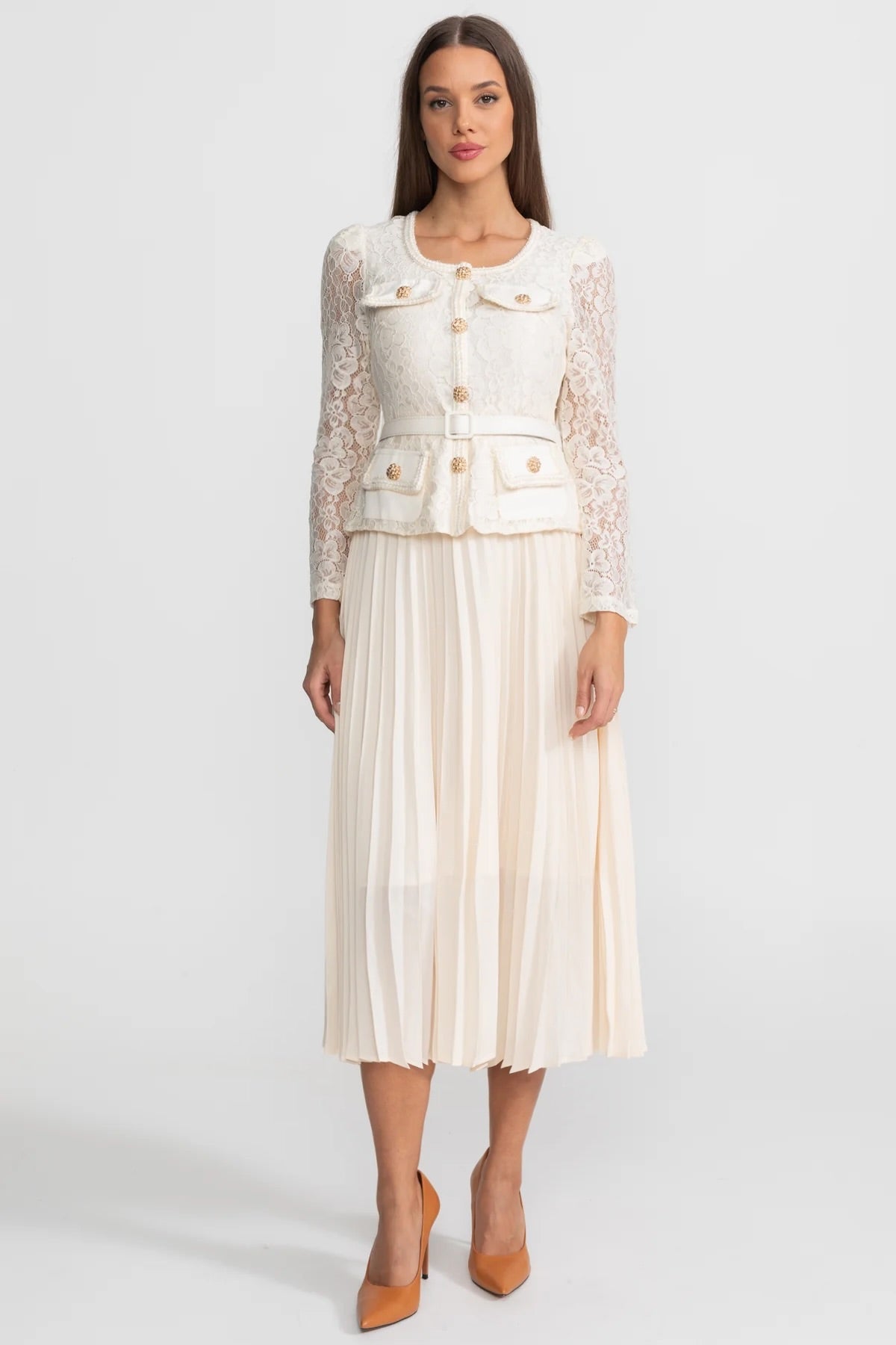 Lace and Pleated Midi Dress with Gold Button Detailing - Ivoire