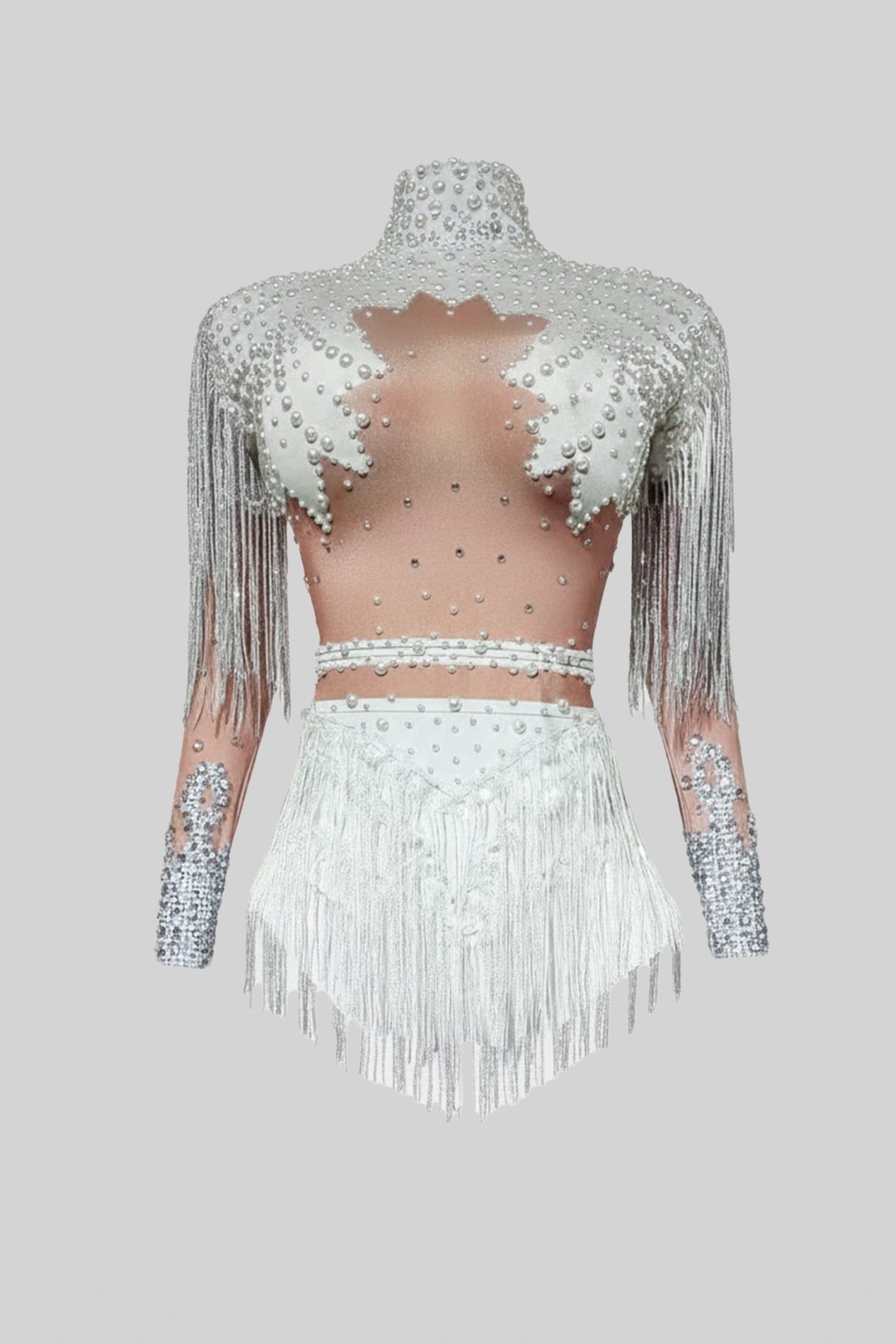 Fringed Bodysuit With Sparkling Sequin Embellishments – White