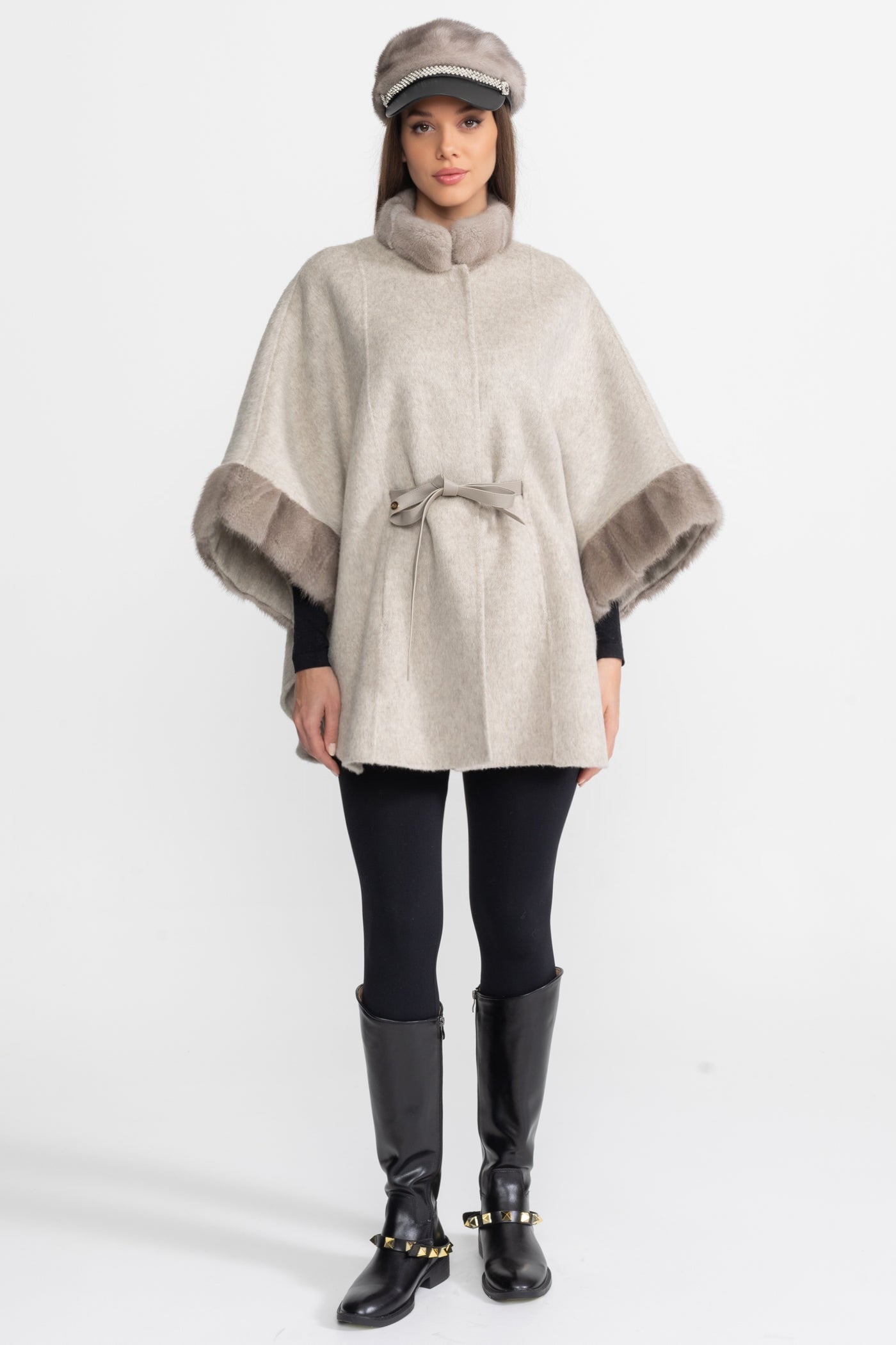 Wool Blend Cape Coat with Sable Fur Trim – Light Grey