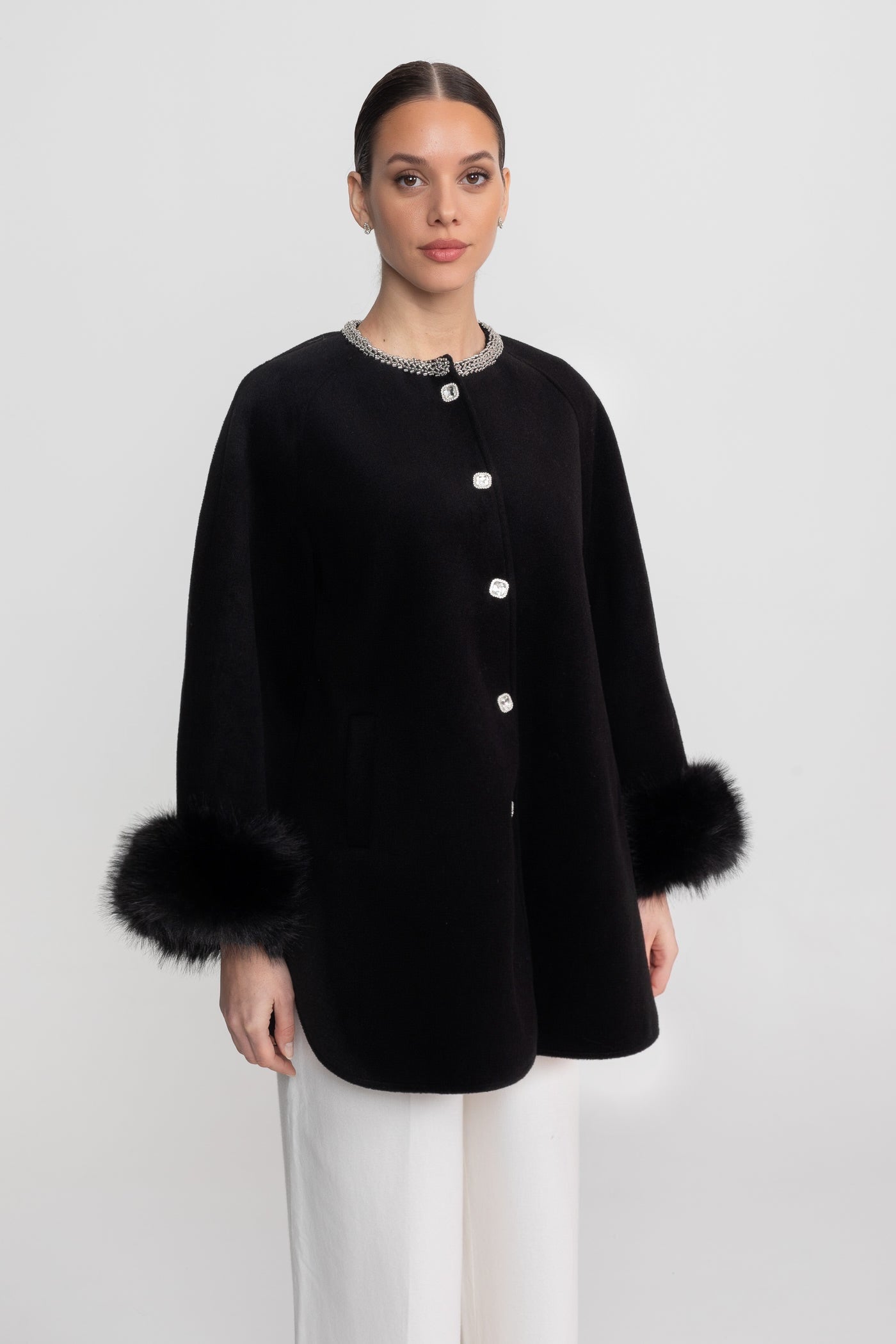 Longline Coat With Pearl Embellished Neckline And Fur Cuffs - Black