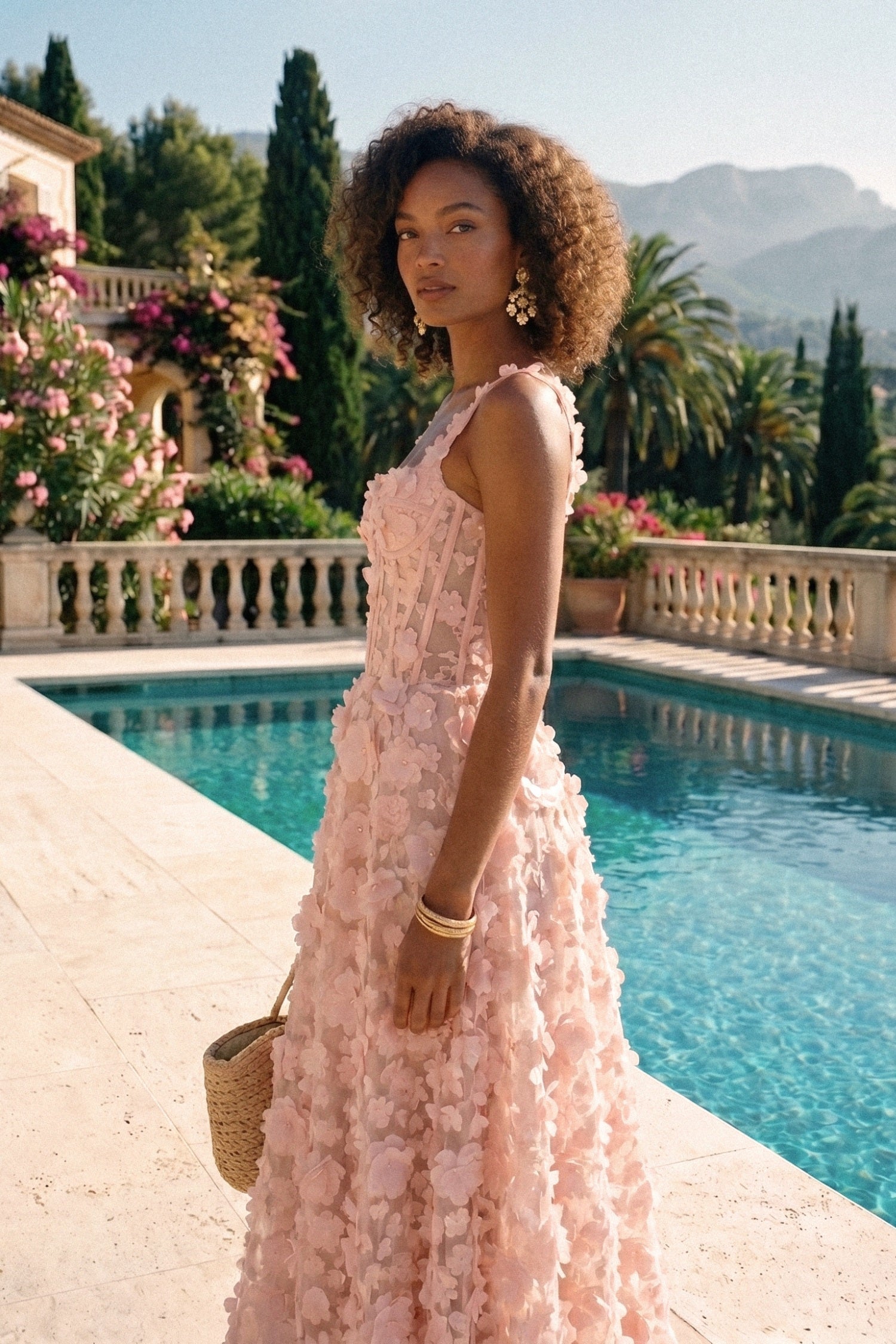 Floral Appliqué Maxi Dress With Corset Bodice - Pink