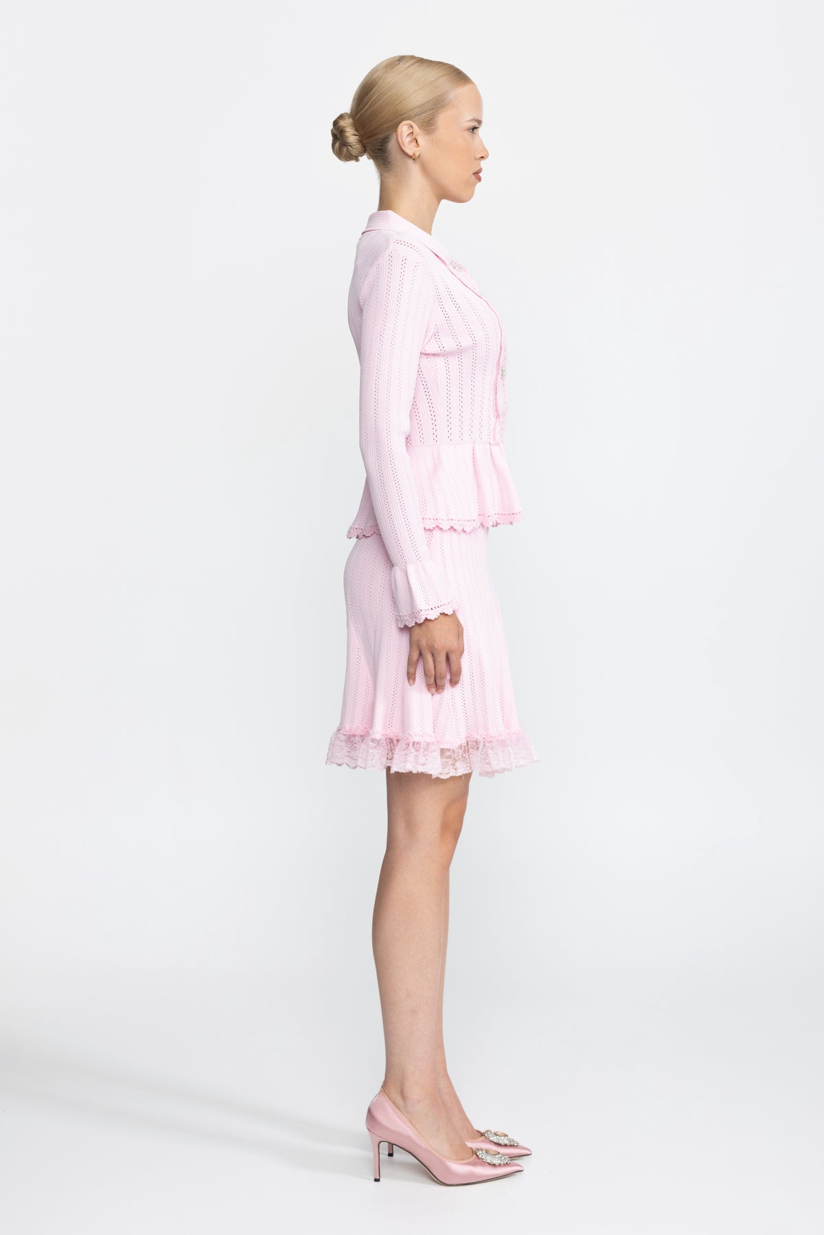 Pointelle Knit Peplum Cardigan and Lace Hem Skirt Co-ord Set - Pink