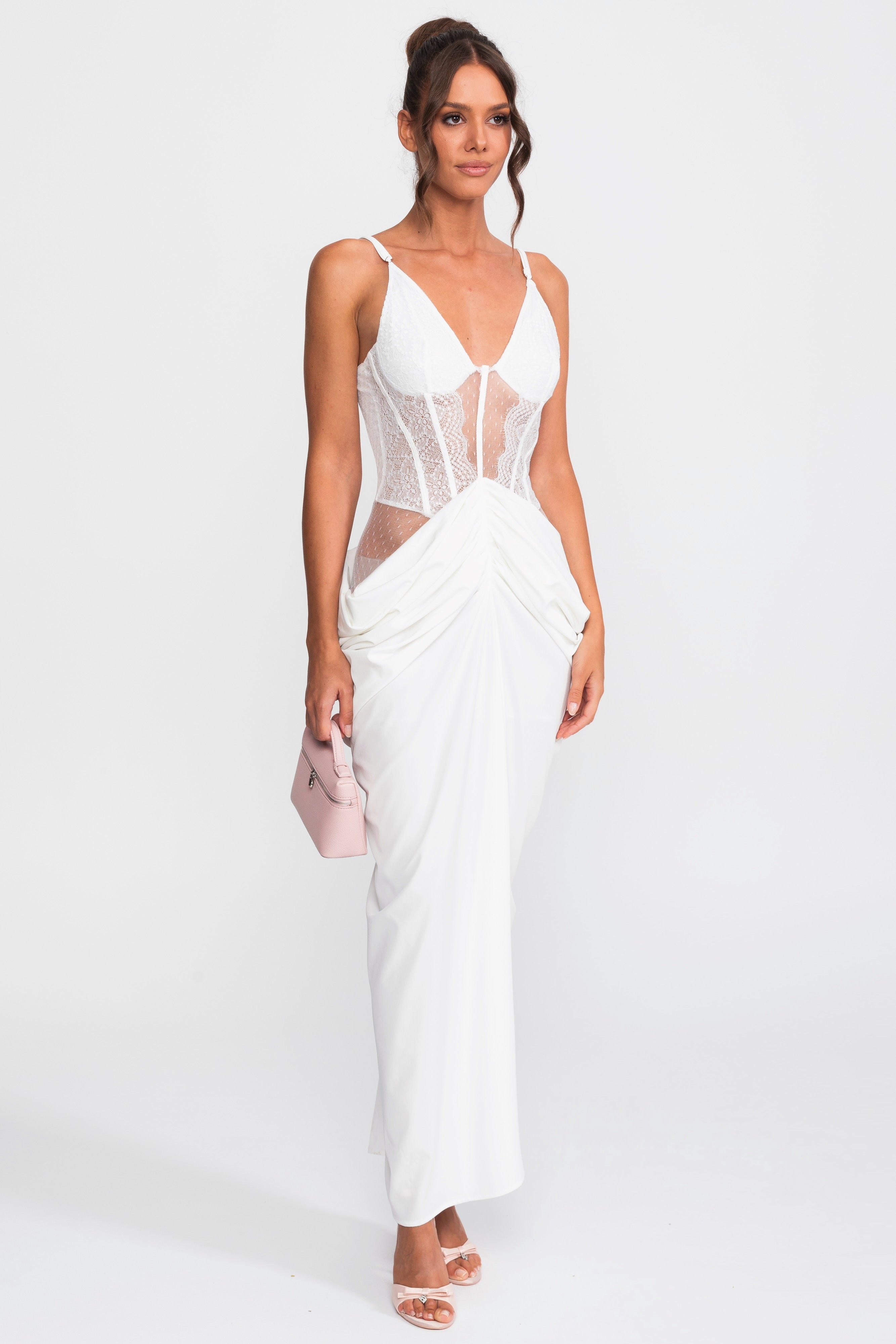 Rochie lungă drapată cu corset din dantelă și bretele spaghetti - Alb 