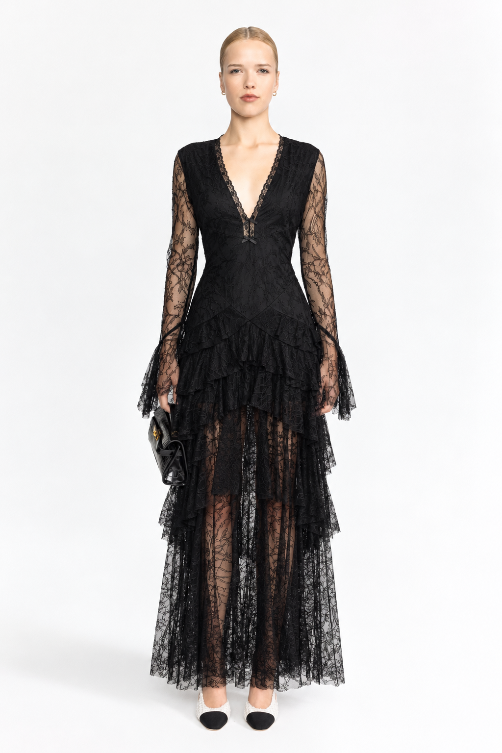 Rochie maxi în straturi din dantelă Chantilly - negru 