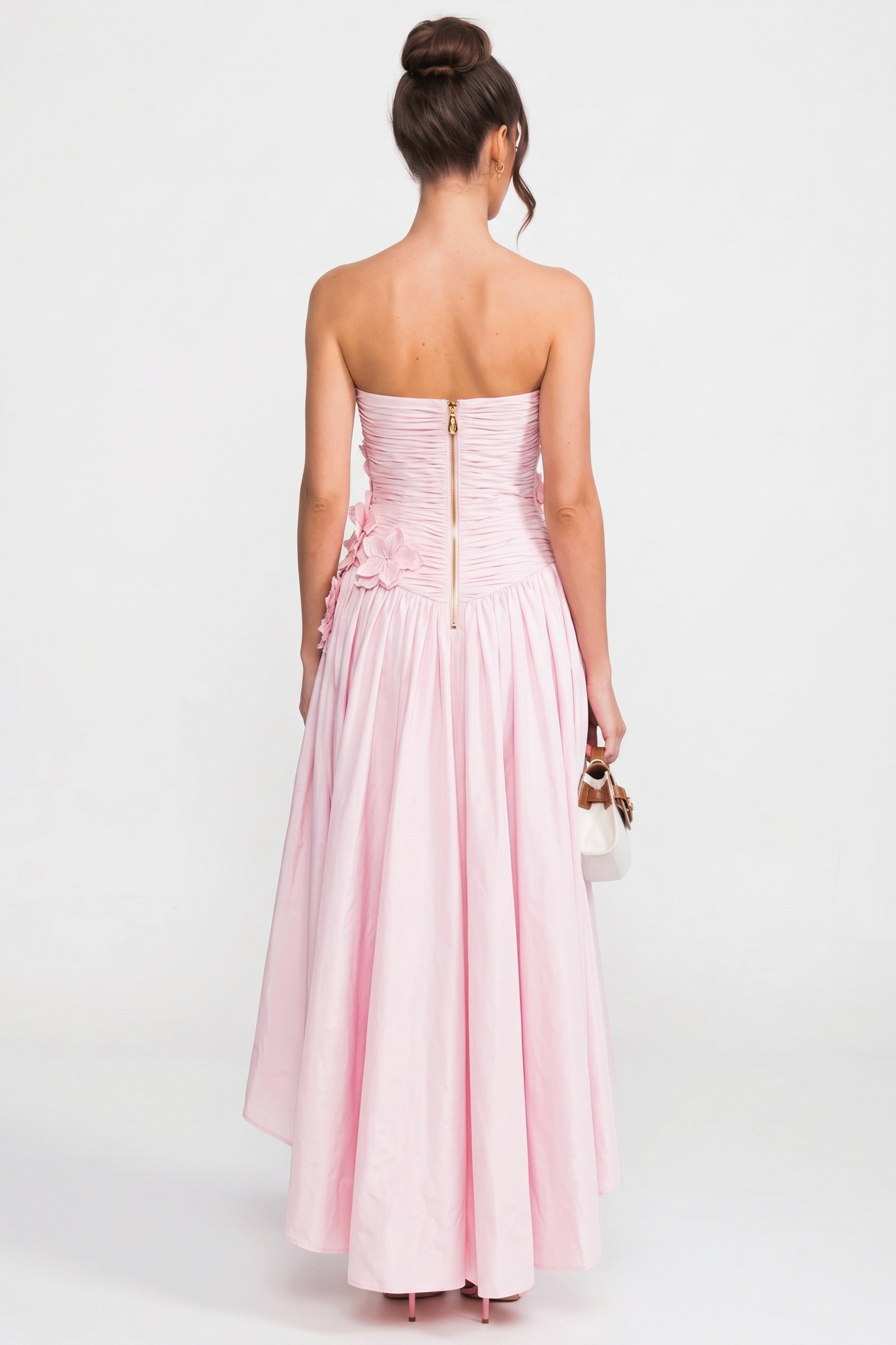 Rochie tip ballgown fără bretele, cu corsaj floral 3D și fustă amplă - Pink 