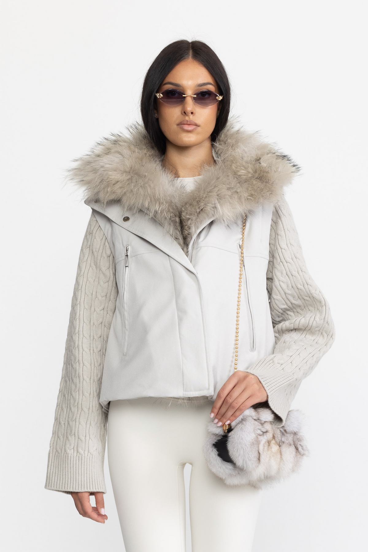 Cable Knit Sleeve Cropped Down Jacket with Raccoon Fur Collar - Light Grey