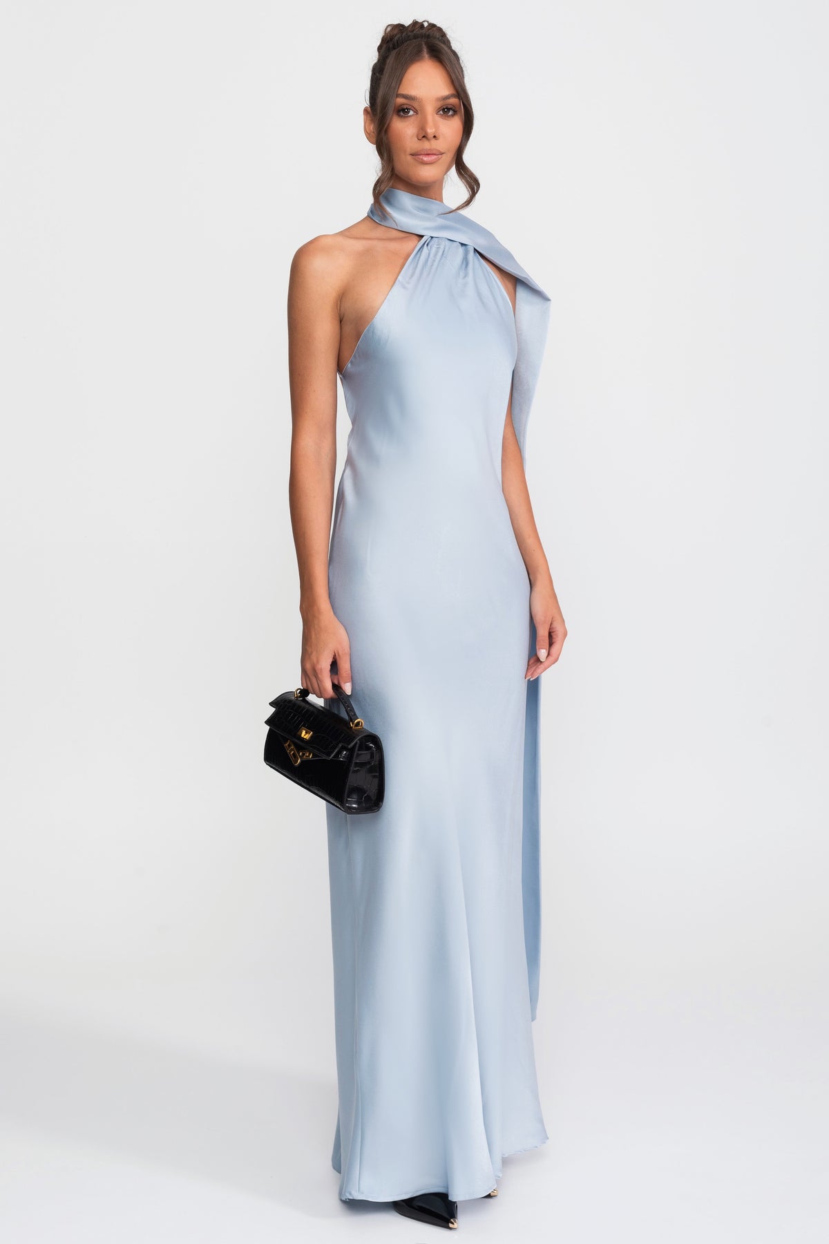 Rochie slip din satin, cu halter răsucit și decolteu asimetric - Albastru 