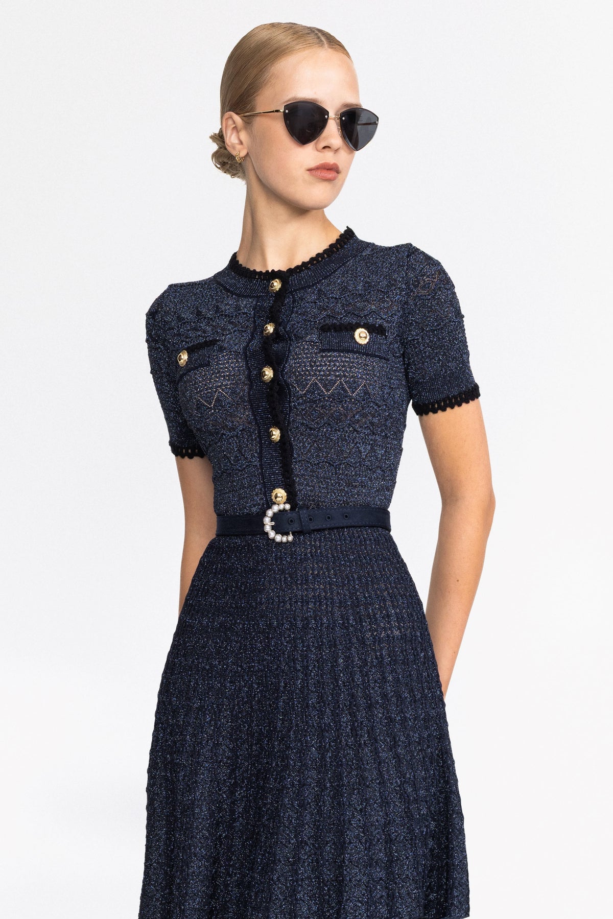 Rochie midi din tricot pointelle metalizat cu cordon - bleumarin 