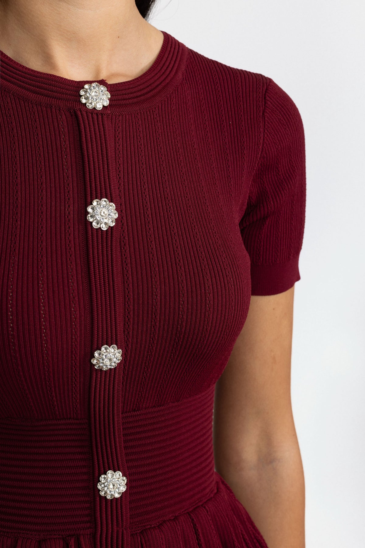 Pleated Peplum Knit Pencil Midi Dress - Wine