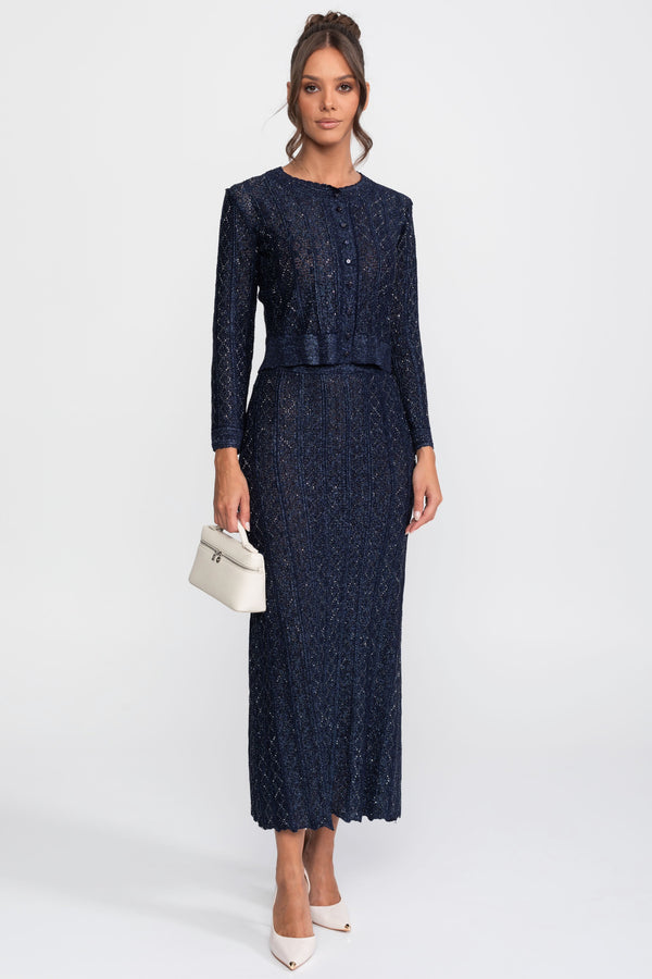 Set Co-Ord din dantelă cu model diamant și mânecă lungă, cu fustă maxi - Navy 