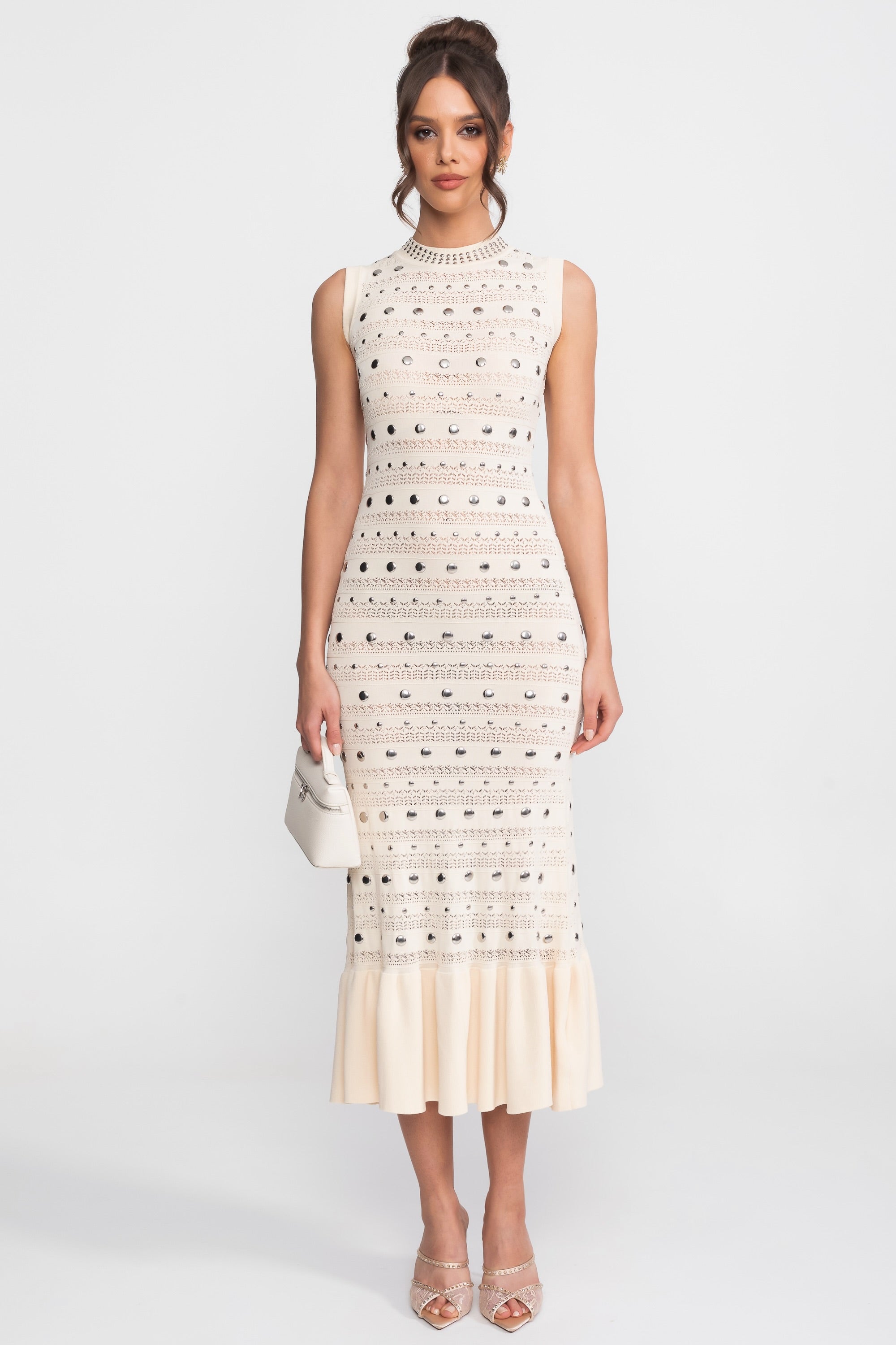 Embellished Knit Midi Dress With High Neck And Ruffle Hem - Cream