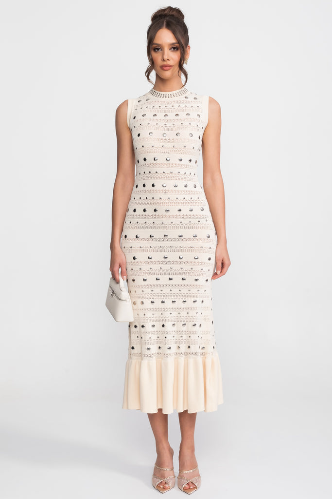 Rochie midi din tricot, împodobită, cu guler înalt și tiv cu volane - Crem 