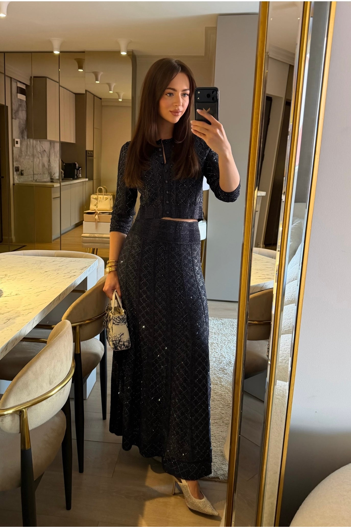 Set Co-Ord din dantelă cu model diamant și mânecă lungă, cu fustă maxi - Navy 