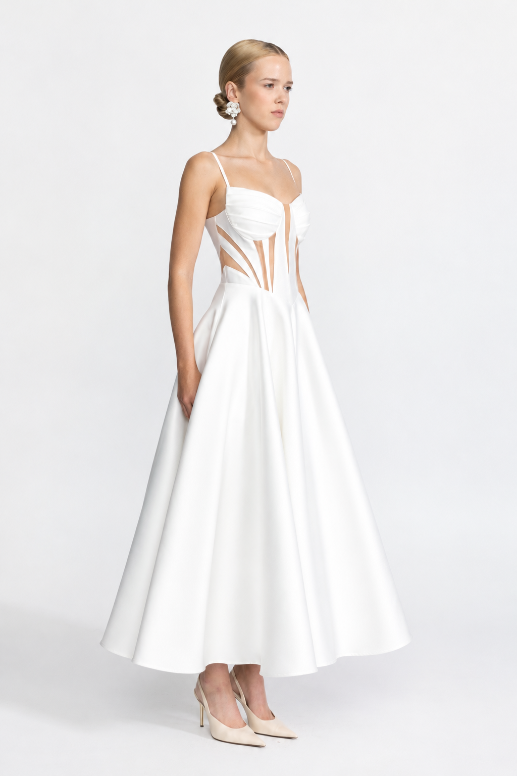 Rochie midi corset din satin cu panouri transparente - alb 