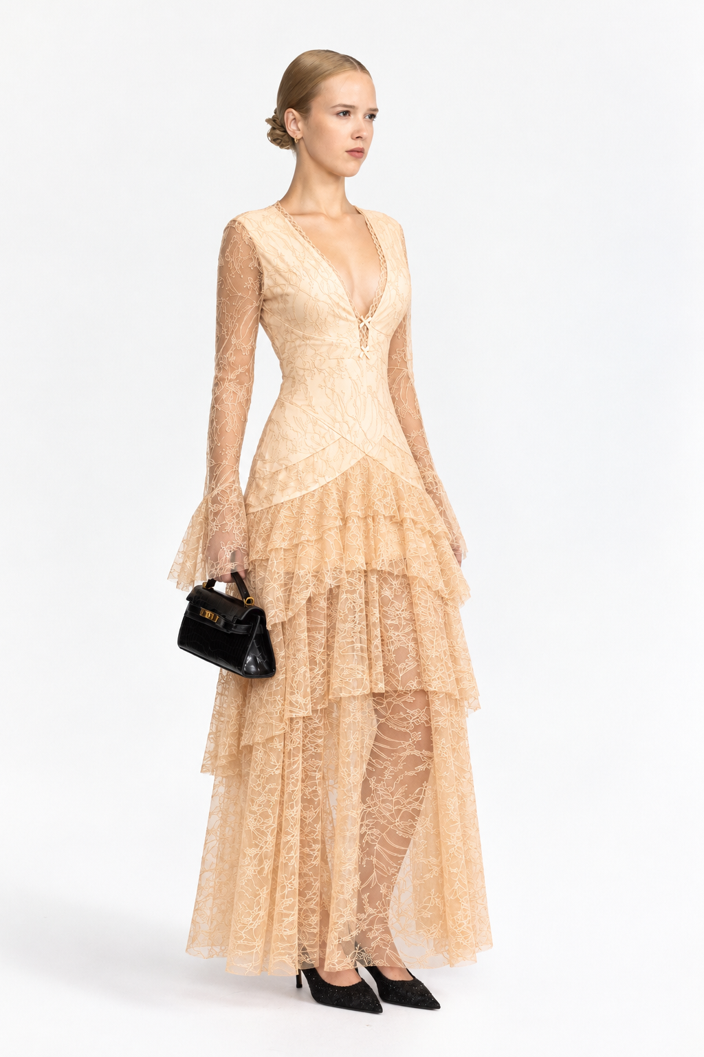 Rochie maxi cu volane din dantelă Chantilly - Bej 