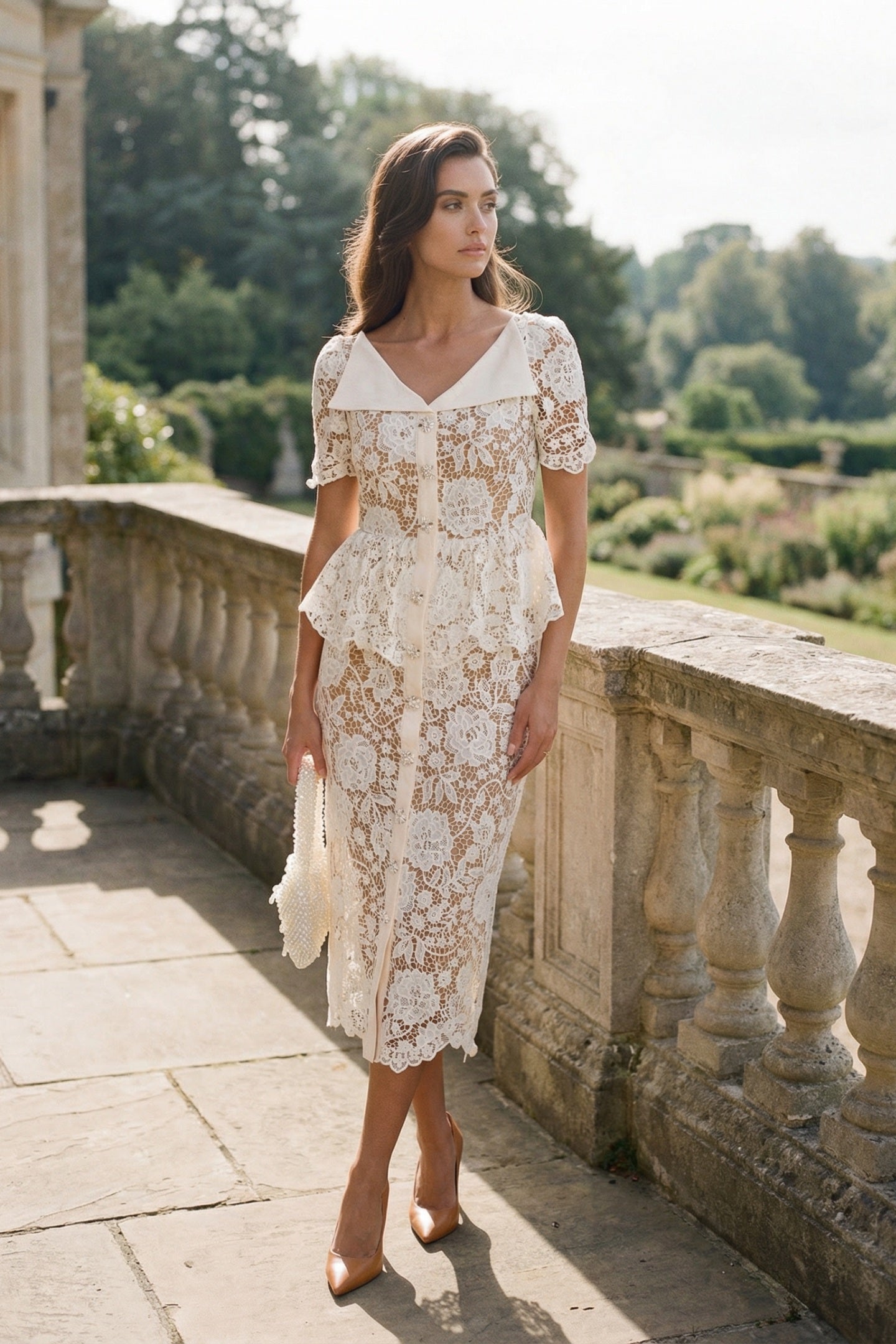 Lace Midi Dress with Peplum Waist and Satin Collar - White