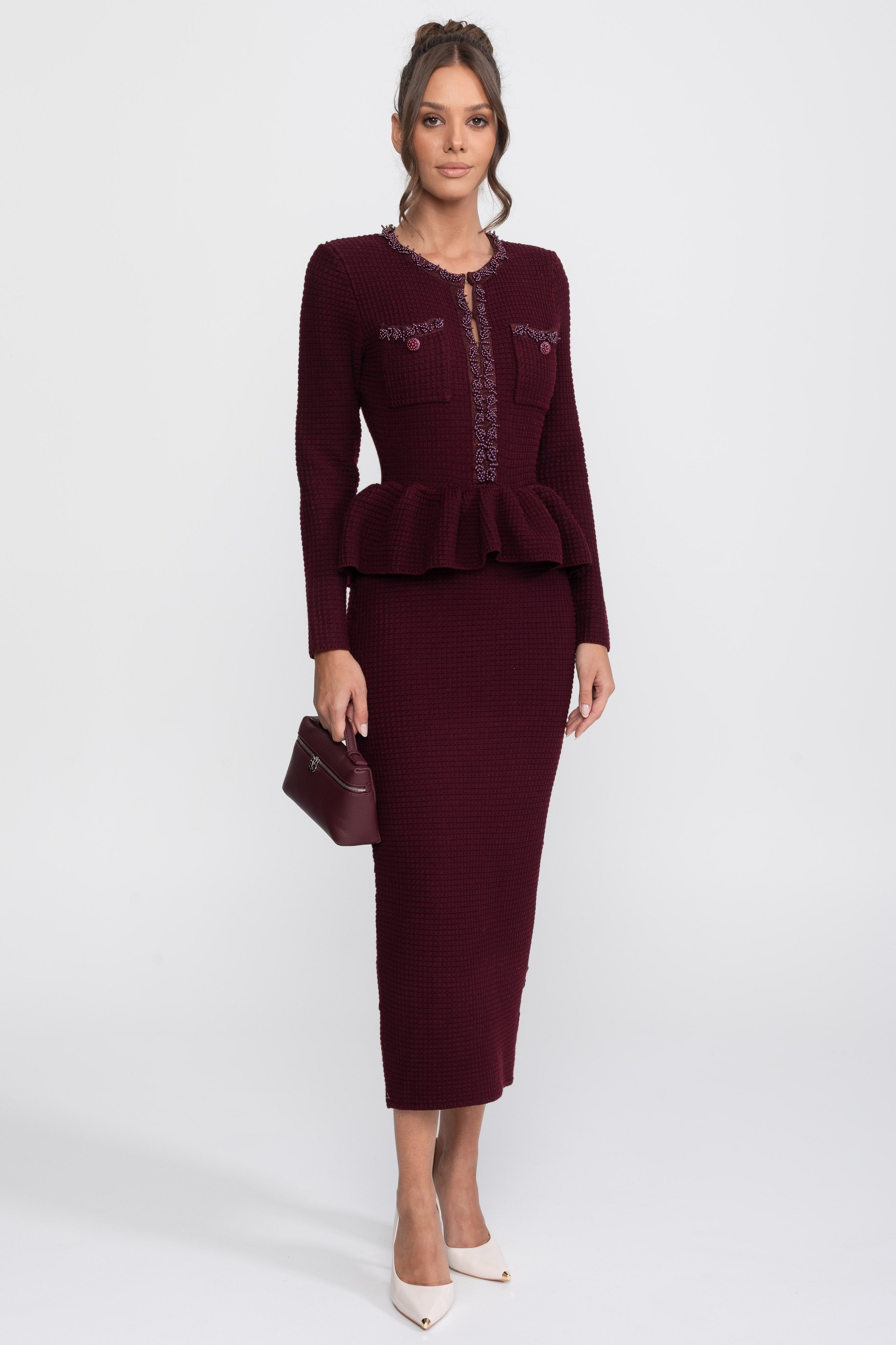 Rochie tricotată peplum cu finisaj fringe și buzunare frontale la piept - Burgundy 