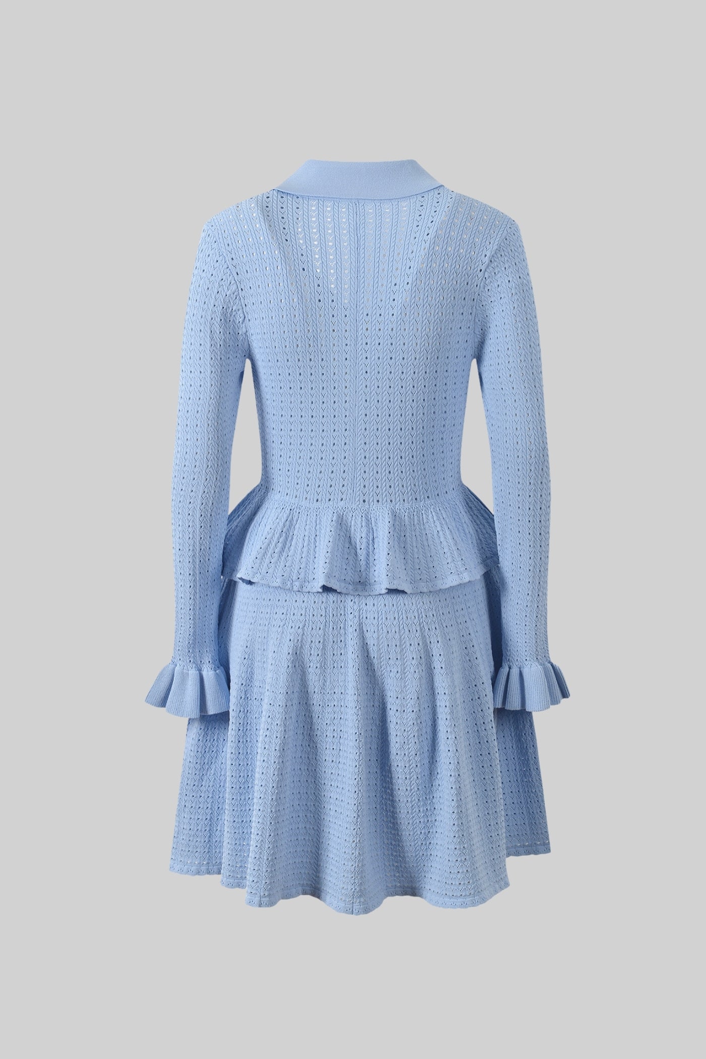 Rochie Mini Tricotată cu Talie Peplum și Detaliu cu Nasturi Aurii - Light Blue 