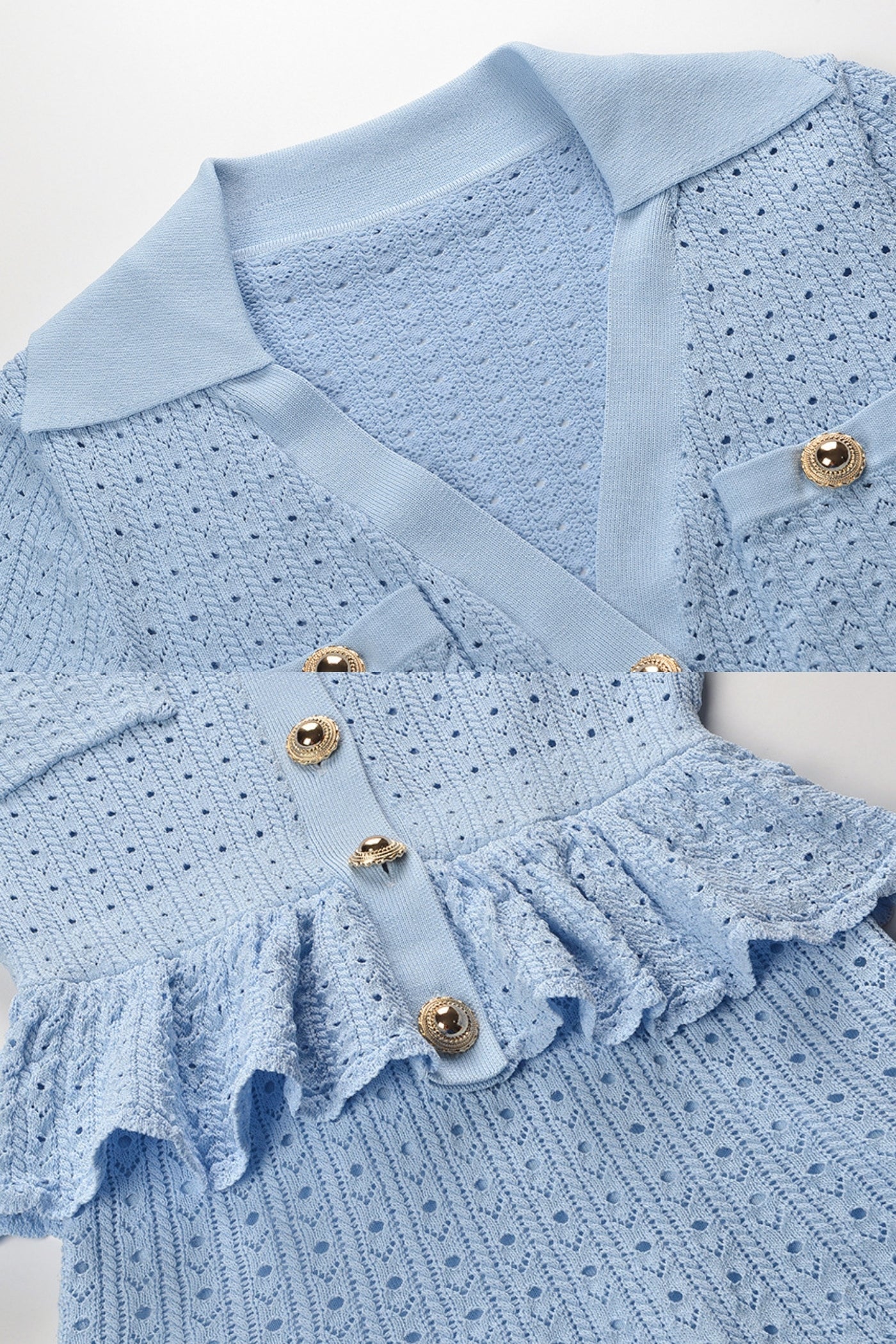 Rochie Mini Tricotată cu Talie Peplum și Detaliu cu Nasturi Aurii - Light Blue 