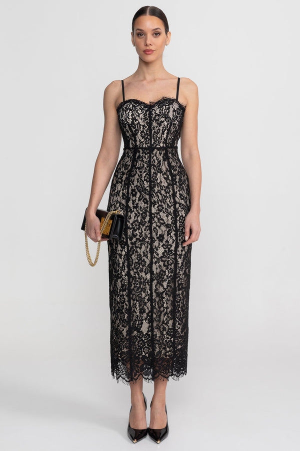 Rochie midi din dantelă cu corset transparent - Negru 