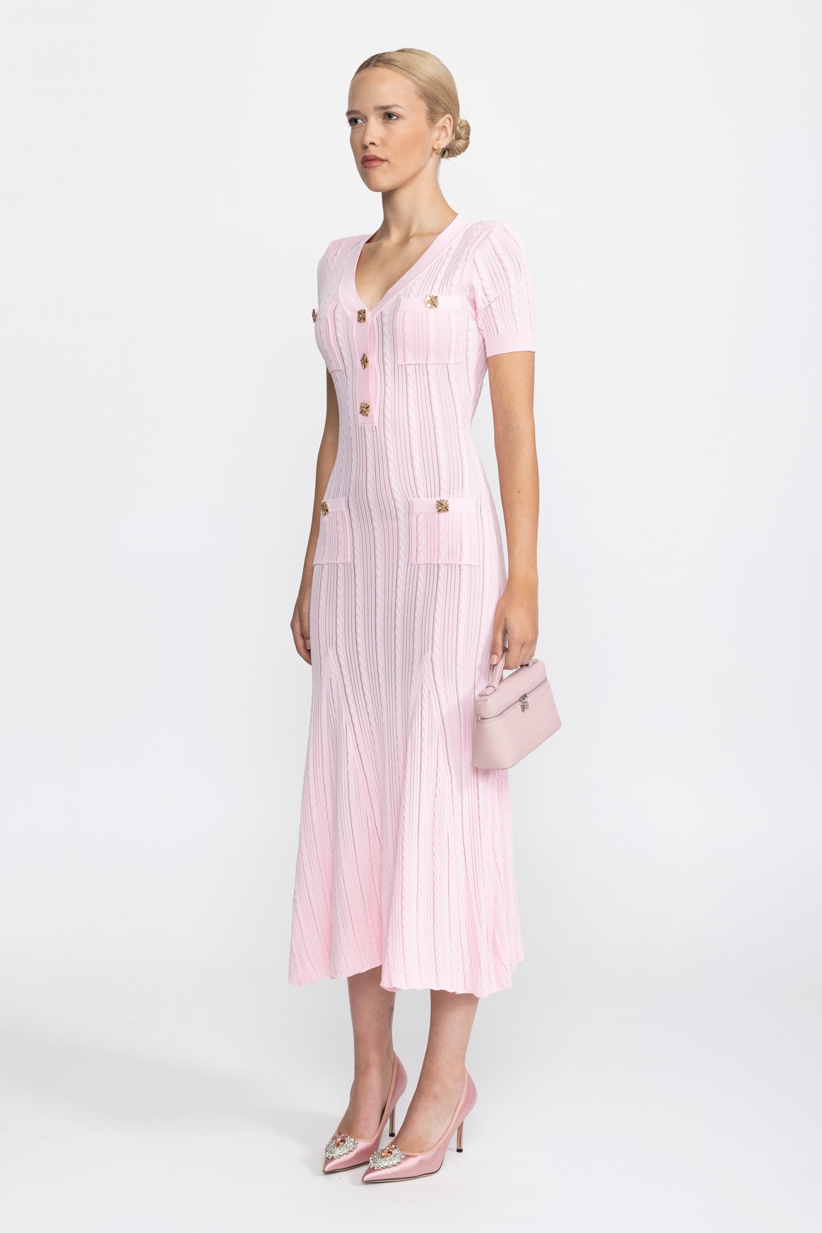 Rochie midi din tricot cu torsade și nasturi-bijuterie - Roz 