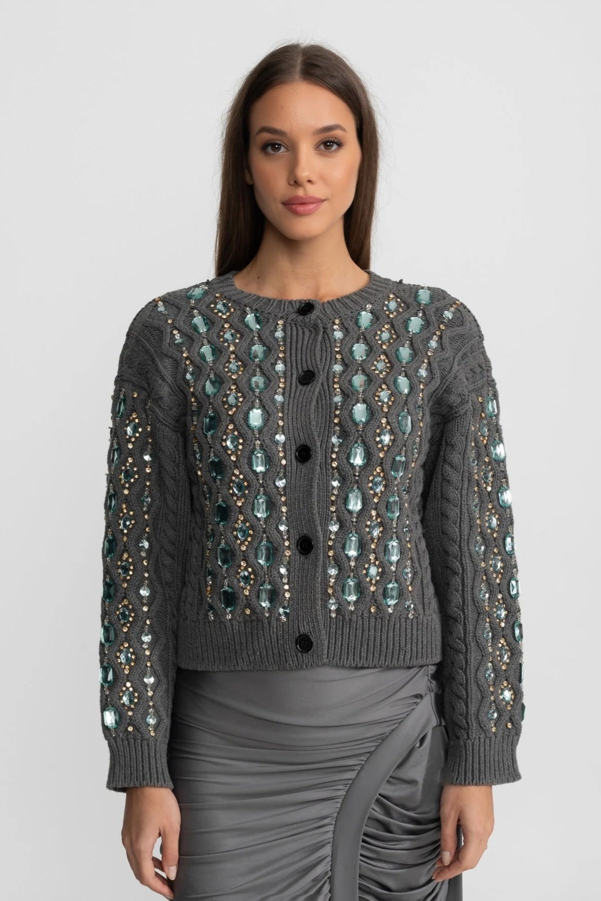 Embellished Cable Knit Cardigan With Gem Detailing – Charcoal Grey