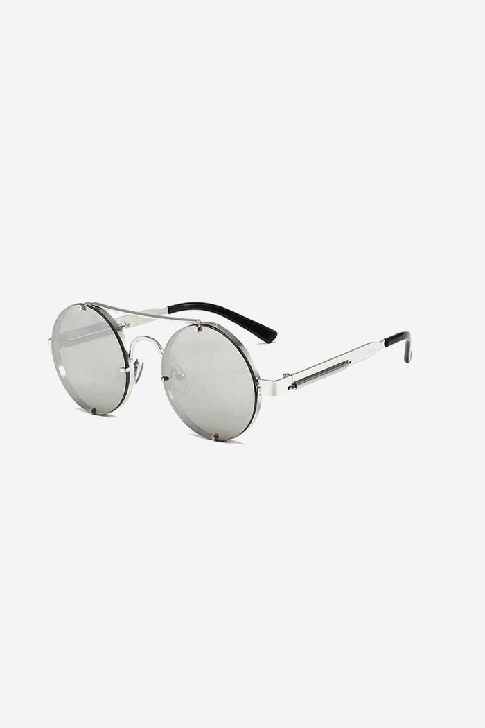 Rimless Round Sunglasses with Double Bridge and Temple Springs – Silver