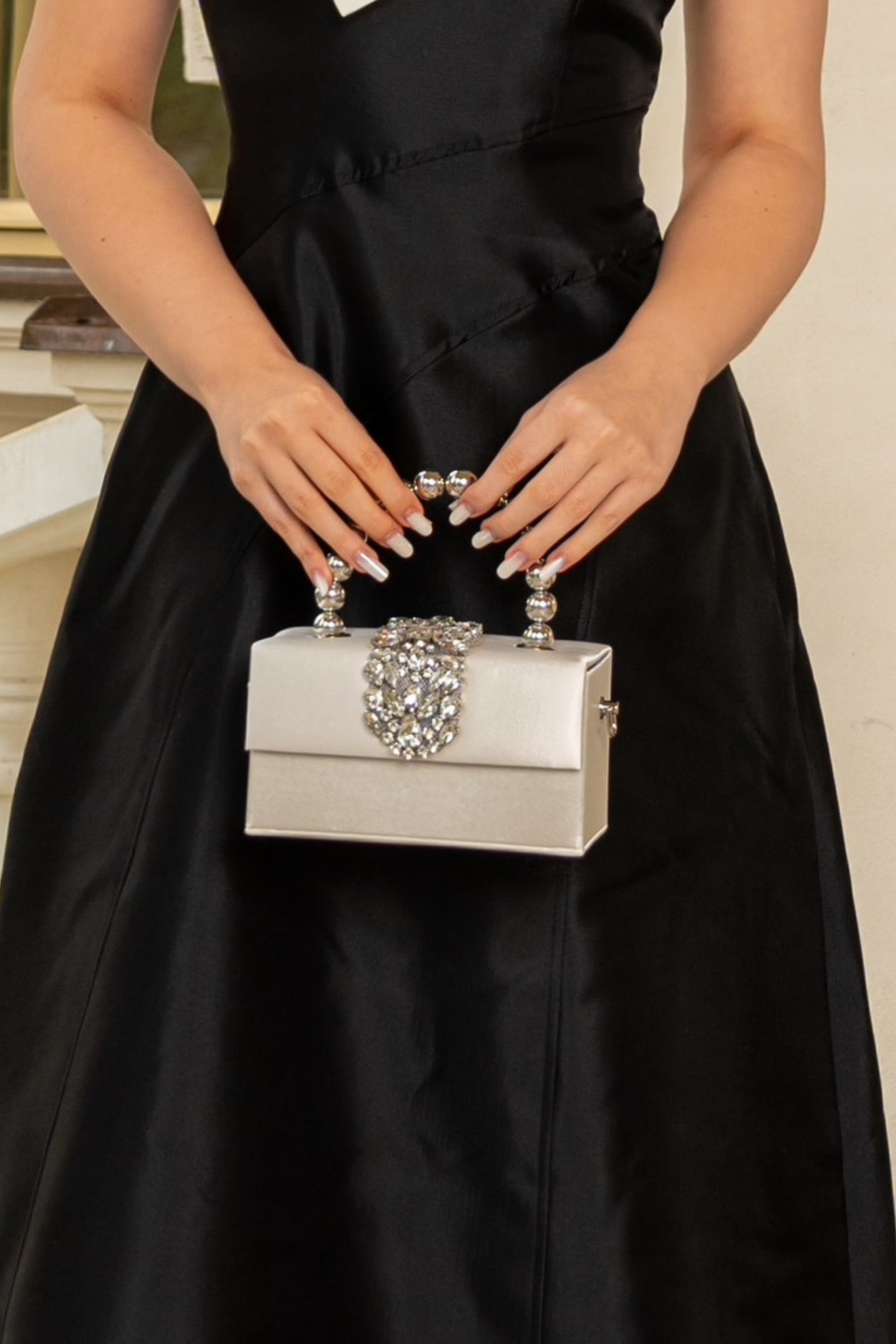 Satin Diamond Embellished Bag - Beige