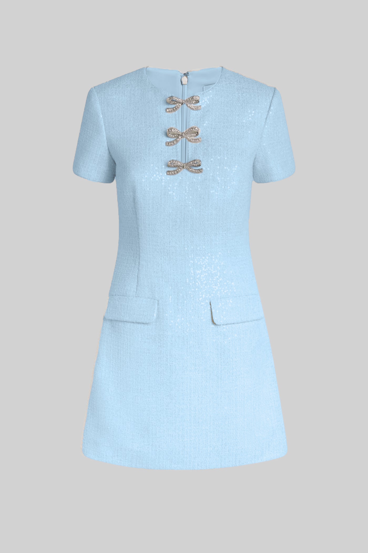 Sequin Mini Dress with Crystal Bow Accents - Baby Blue