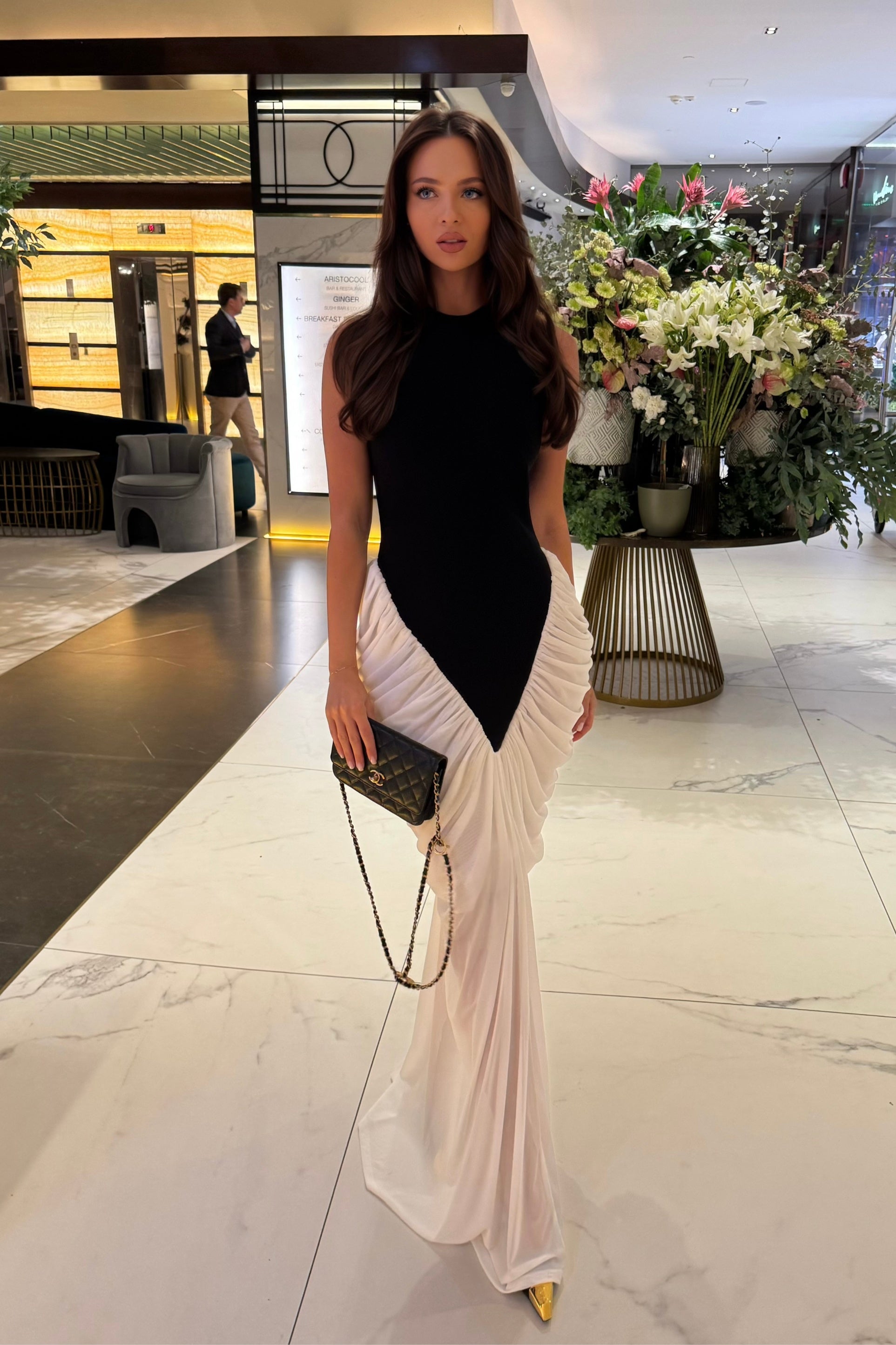 Halter Maxi Dress with  Contrasting Ruched Paneling - Black/White