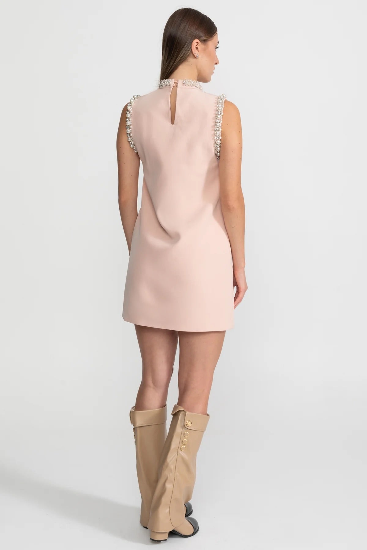 Embellished Sleeveless Mini Dress with High Neckline - Blush Pink