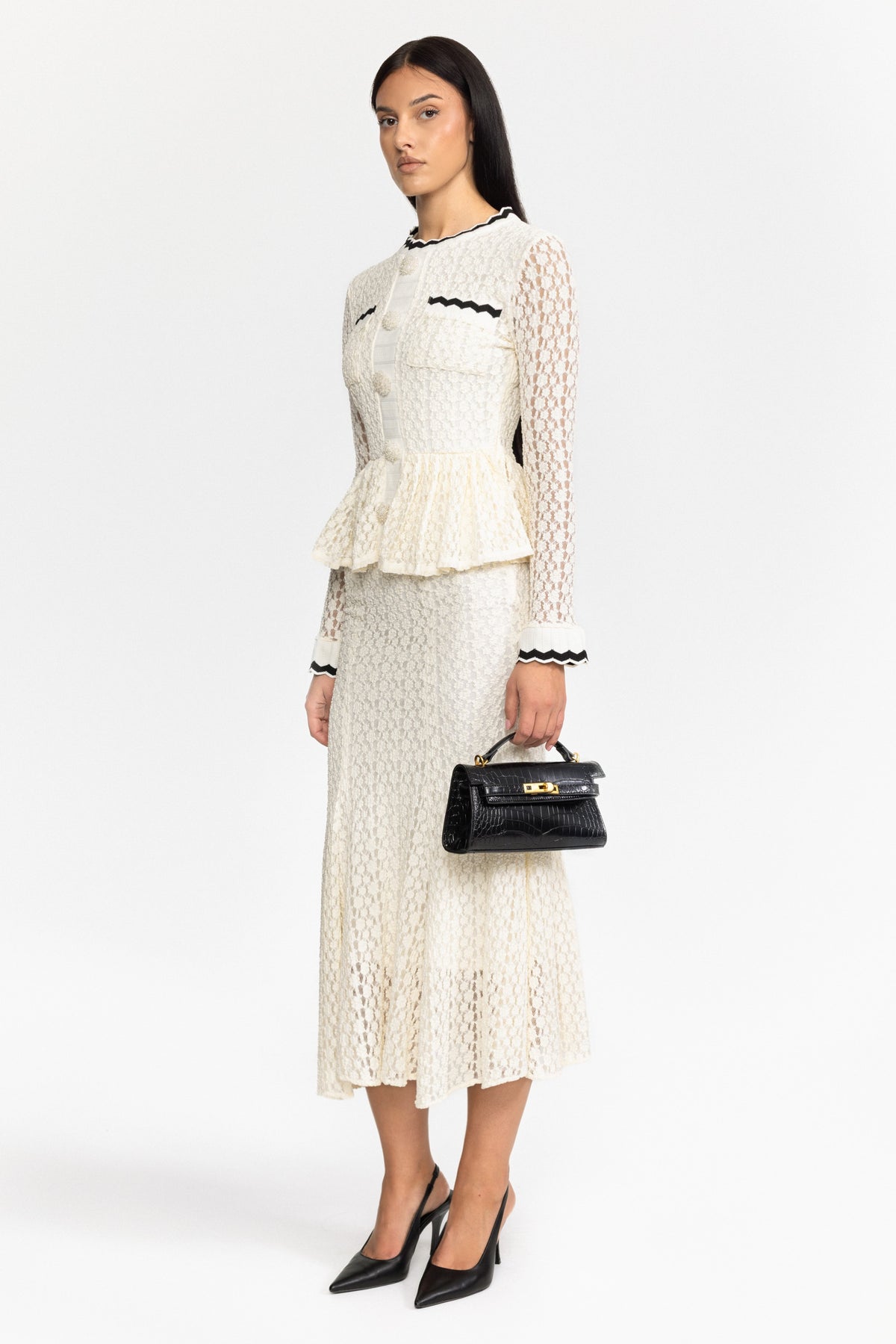 Rochie midi peplum din tricot croșetat, cu bordură ric-rac - alb ivoire 