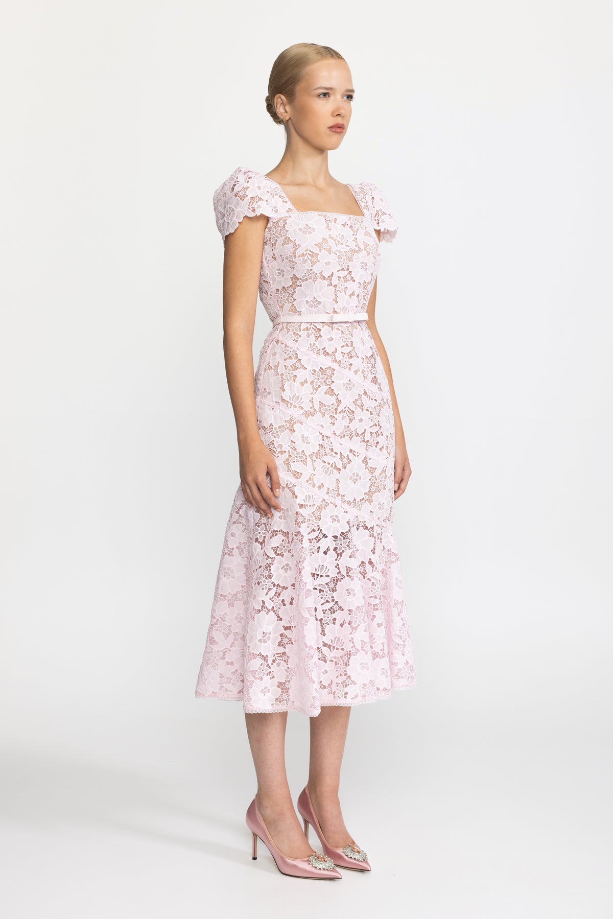 Guipure Lace Puff Sleeve Midi Dress - Pink